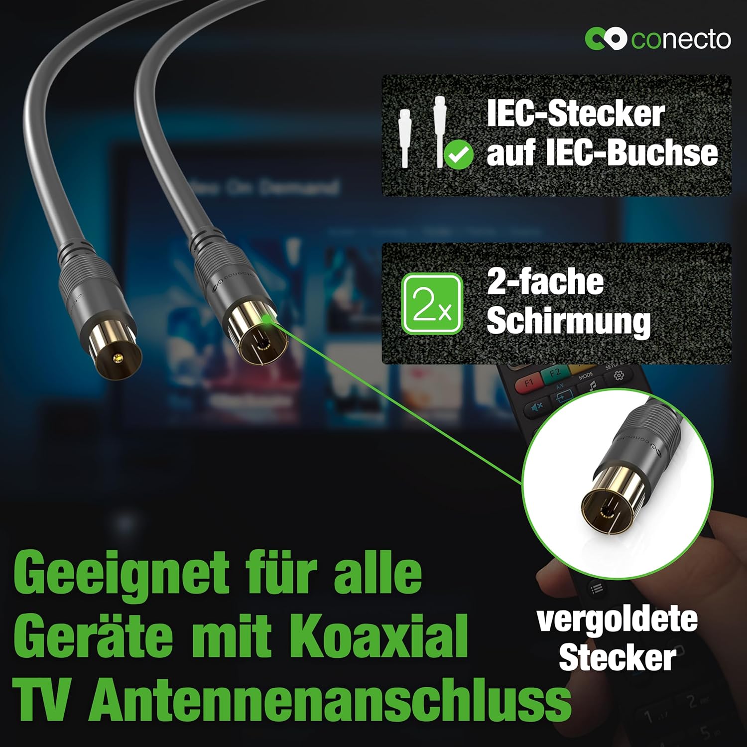 Thumbnail 1 de conecto Antennenkabel SAT Koaxialkabel (doppelt geschirmt) – IEC-Stecker auf IEC-Buchse, schwarz, 2,00 m