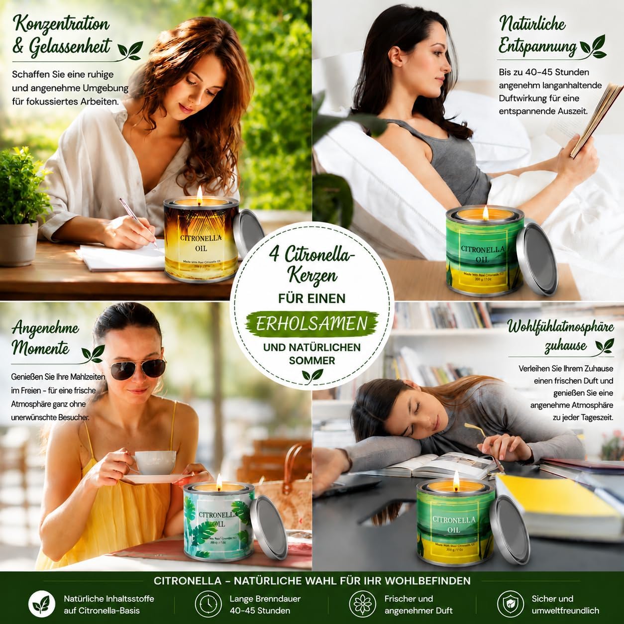 Detalle de CREASHINE Citronella Kerzen Outdoor 4er Set – 800 g Sojawachs, Zitronengras-Duft