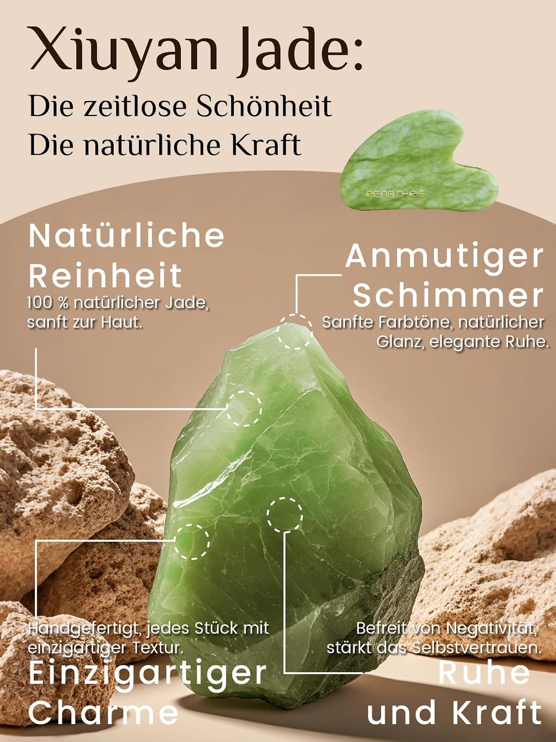 Detalle de Rena Chris Jade Gua Sha Stein aus Xiuyan-Jade (Mintgrün) für Kieferlinie und weniger Gesichtsschwellungen