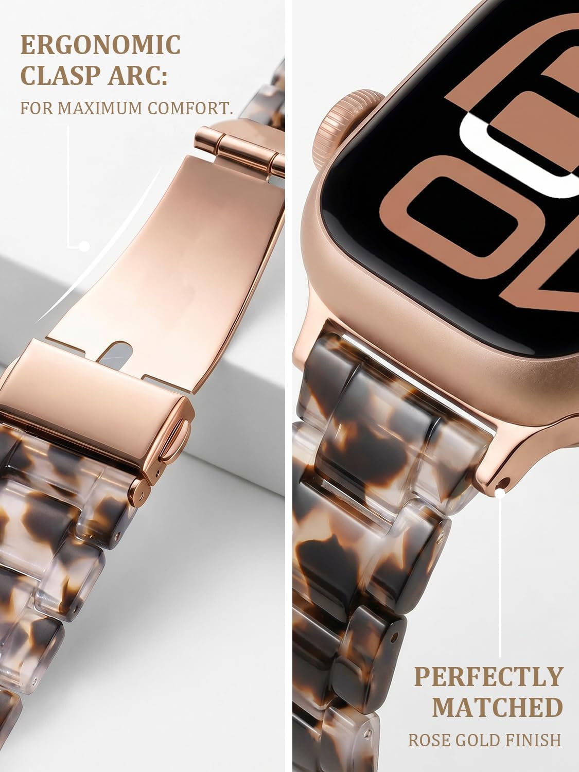 Detalle 2 de V.R.HOPE Resin Straps for Apple Watch (38–49mm): Lightweight, Tortoise Shell