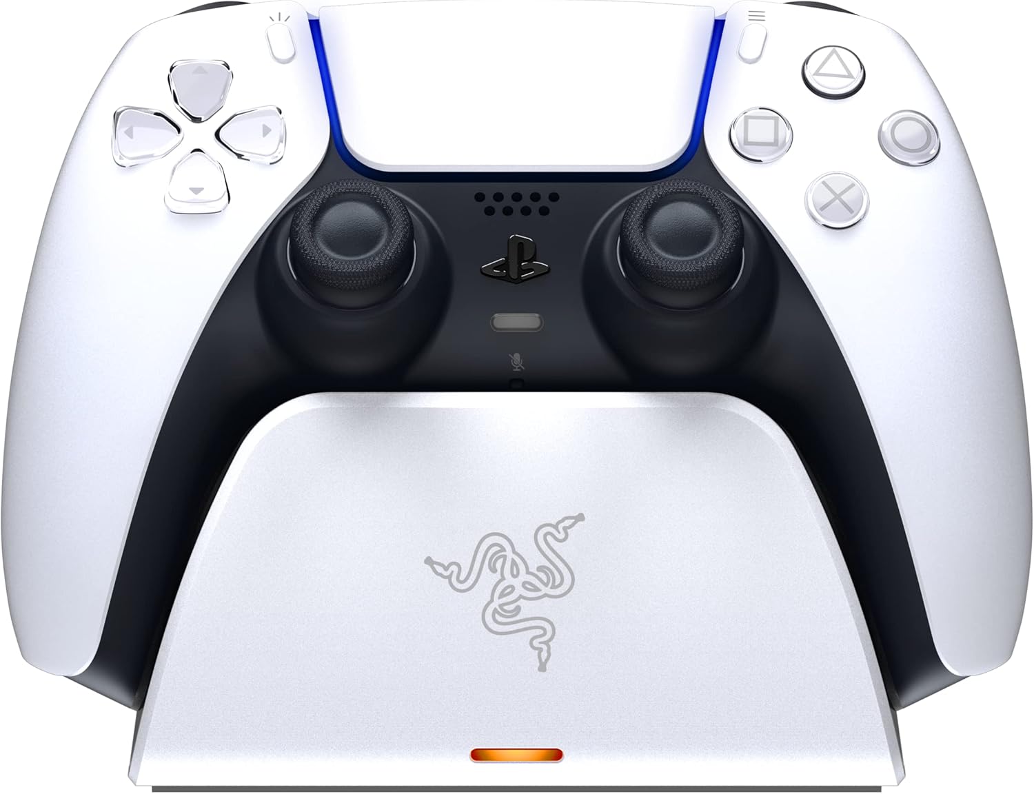 Detalle de Razer Schnellladestation für PS5 DualSense Controller – USB-Ladung, gebogenes Design, Weiß