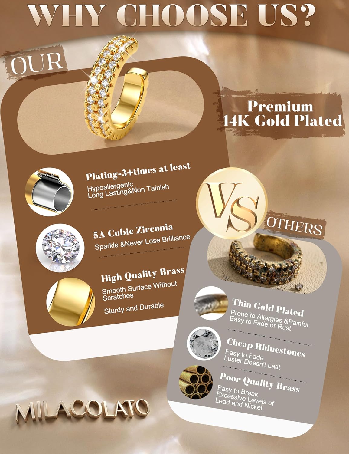 Thumbnail 3 de MILACOLATO 3er-Set Ear Cuffs ohne Ohrloch in Gold/Silber – Fake Piercing Ohrringe mit CZ, verpackt in Geschenkbox