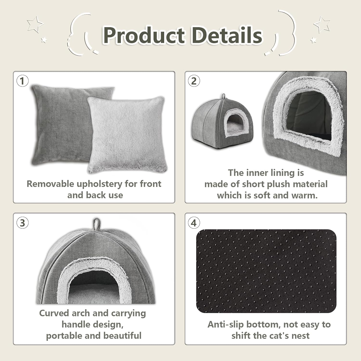 Detalle de Cat Bed for Indoor Cats - Plush Cat Cave Bed with Removable Washable Cushion (Grey, Large 44.5x44.5x44.5 cm)