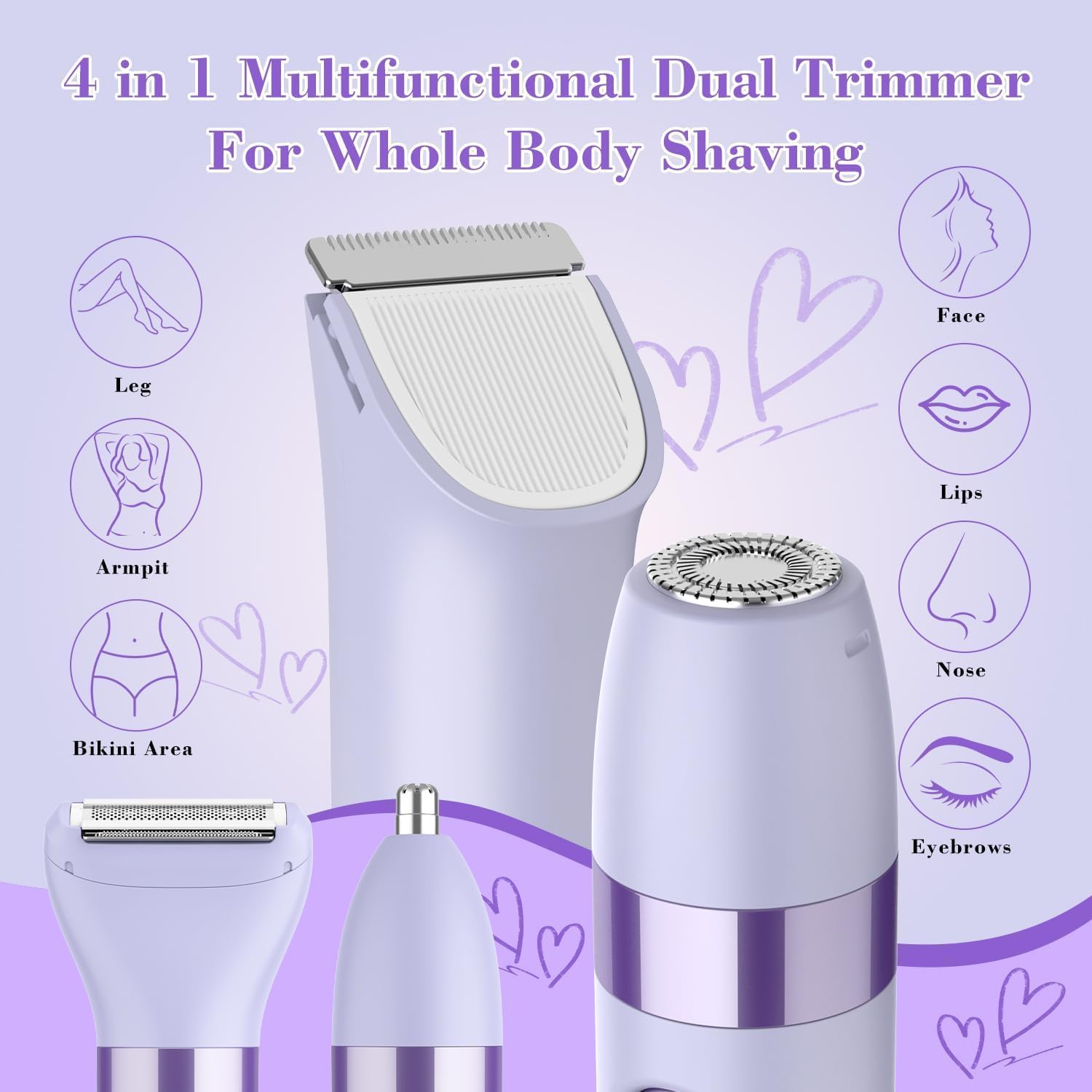 Thumbnail 6 de Hatteker 4-in-1 Women’s Electric Razor (Dual-Head) for Bikini, Legs, Face, Nose & Eyebrows, IPX7 Waterproof Rechargeable, Purple