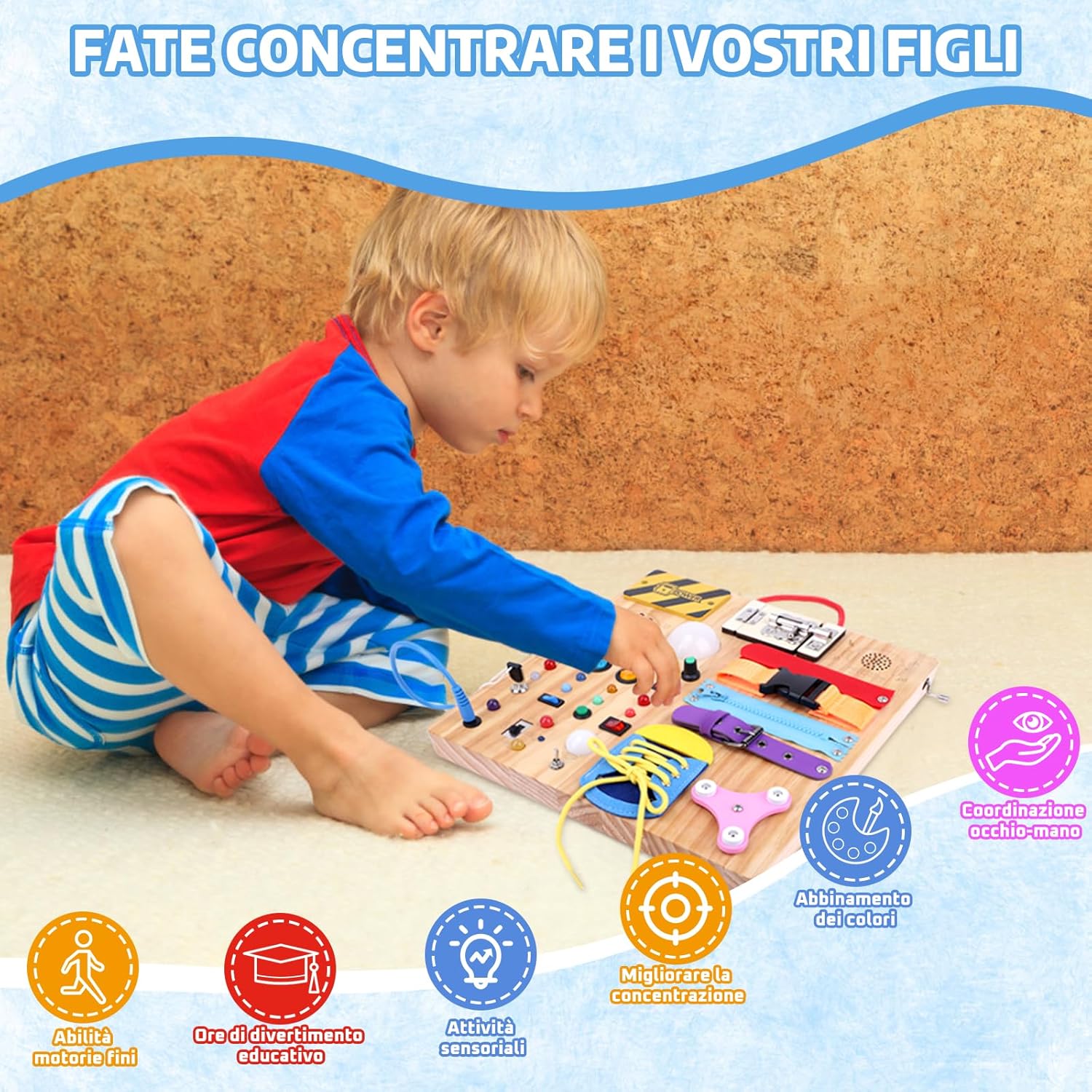Thumbnail 4 de Konijiwa busy board Montessori 23 in 1 in legno con luci LED e 15 interruttori