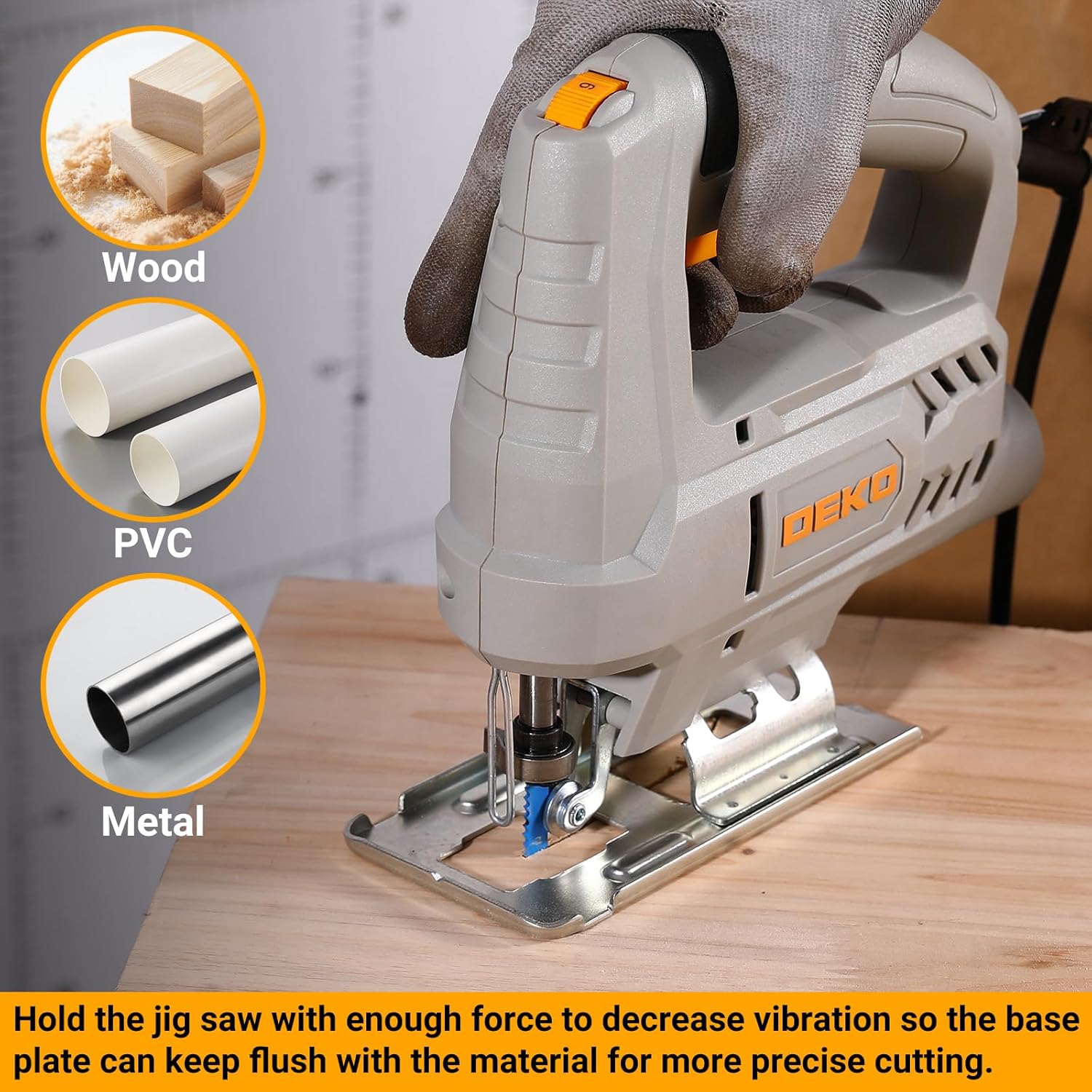 Thumbnail 2 de DEKOPRO 400W Electric Jigsaw Tool (Variable Speed 0–3000 SPM) with ±45° Bevel Cutting & 8 Blades