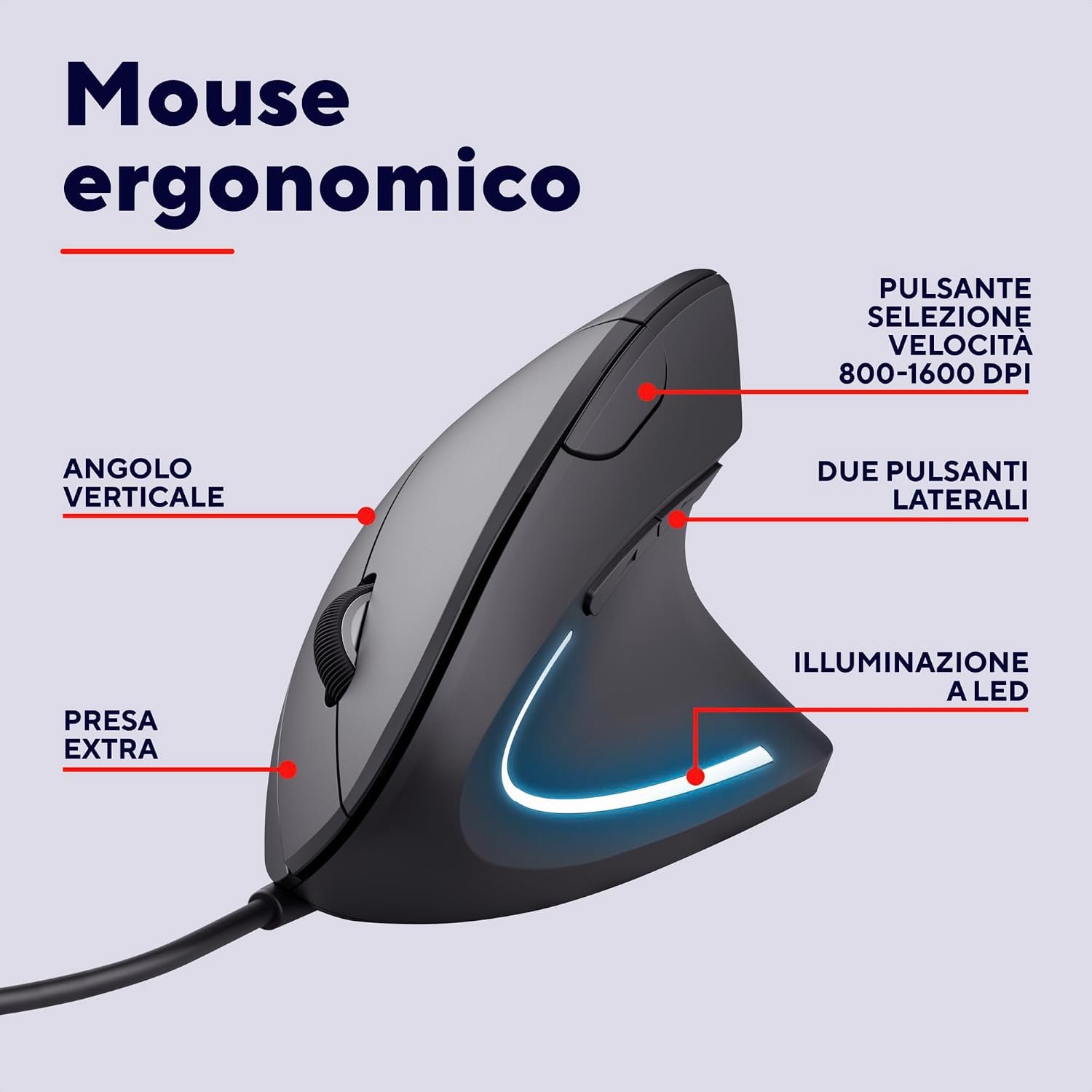Thumbnail 1 de Trust Verto Verticale Cablato Mouse Ergonomico 1000/1600 DPI