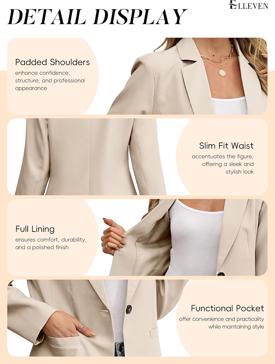 Detalle 2 de ELLEVEN Women’s Business Casual Lightweight Blazer with Slim Fit & Pockets