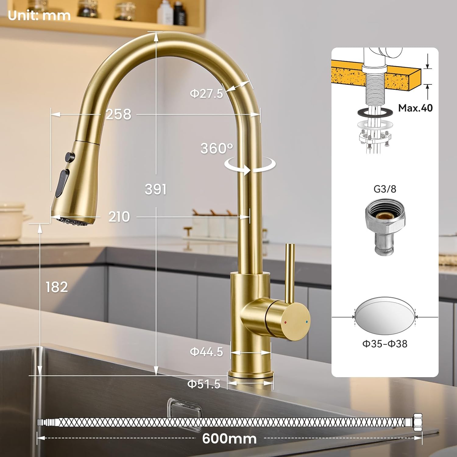 Thumbnail 6 de CECIPA Rubinetto cucina con doccetta estraibile e 2 modalità, finitura oro spazzolato