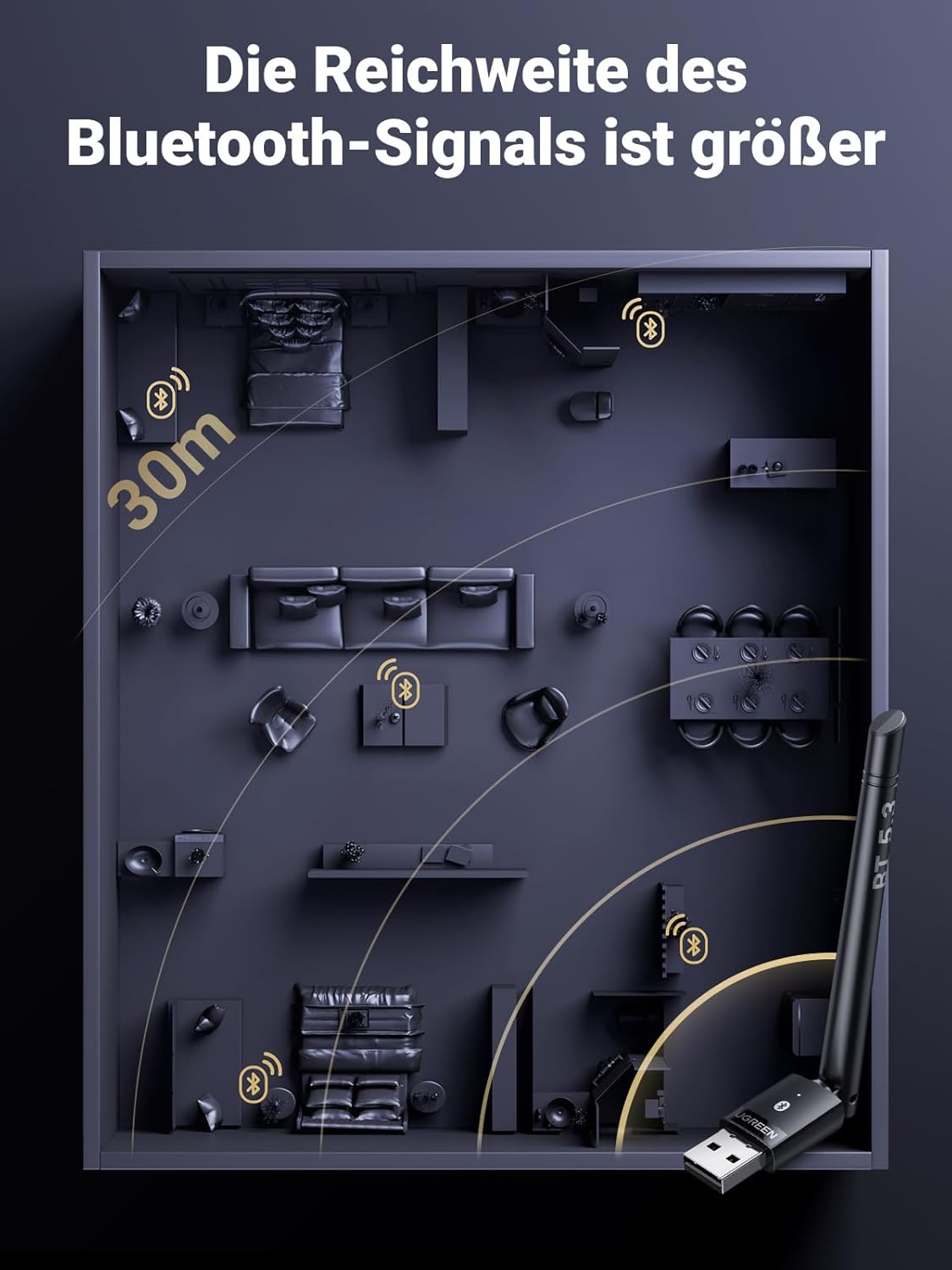 Thumbnail 3 de UGREEN USB-Bluetooth-Adapter für PC mit großer Reichweite und Bluetooth 5.3 (Windows 11/10/8.1)