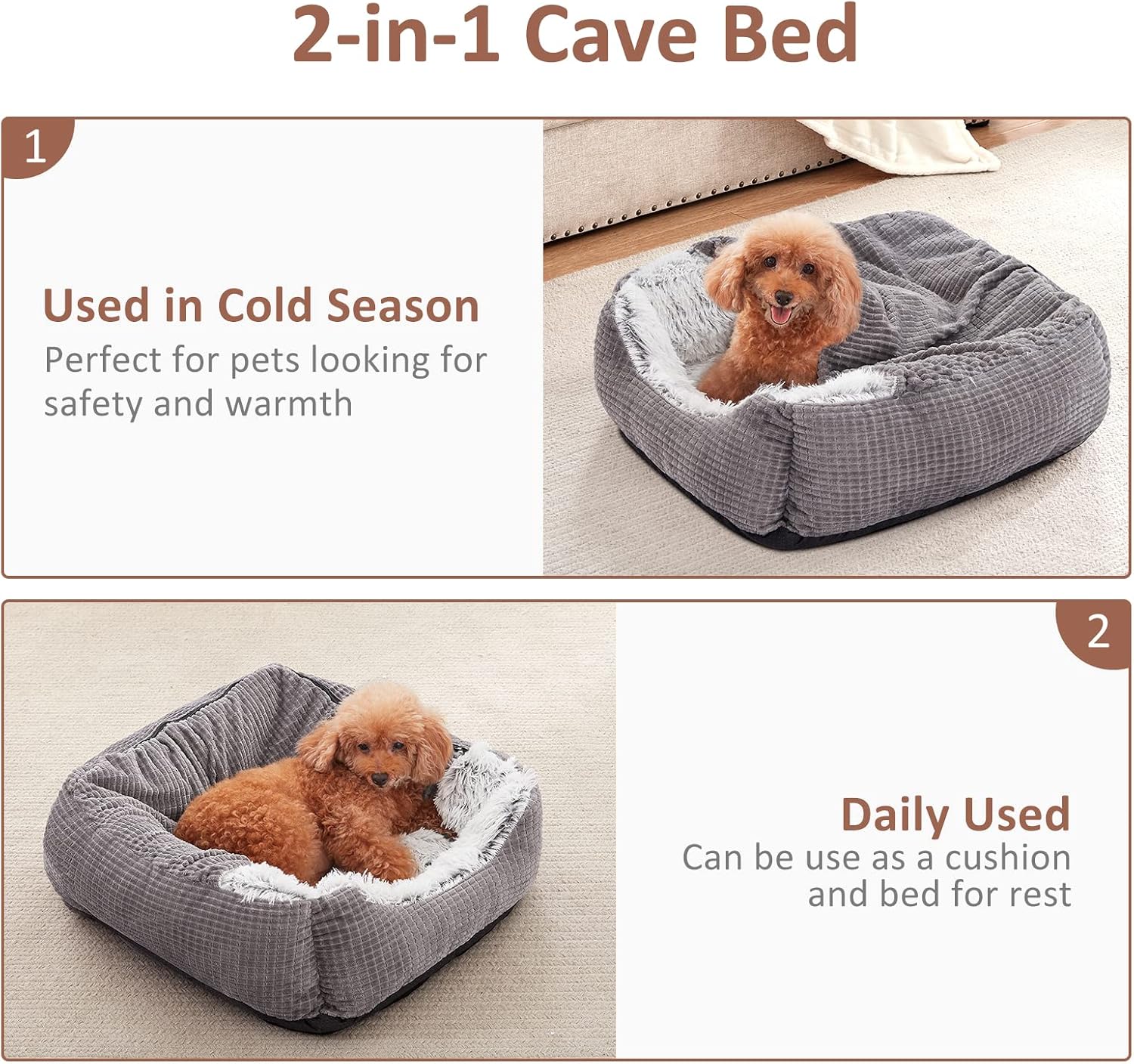 Detalle de MIXJOY 35-Inch Cave Dog Bed with Attached Blanket and Bolstered Sides