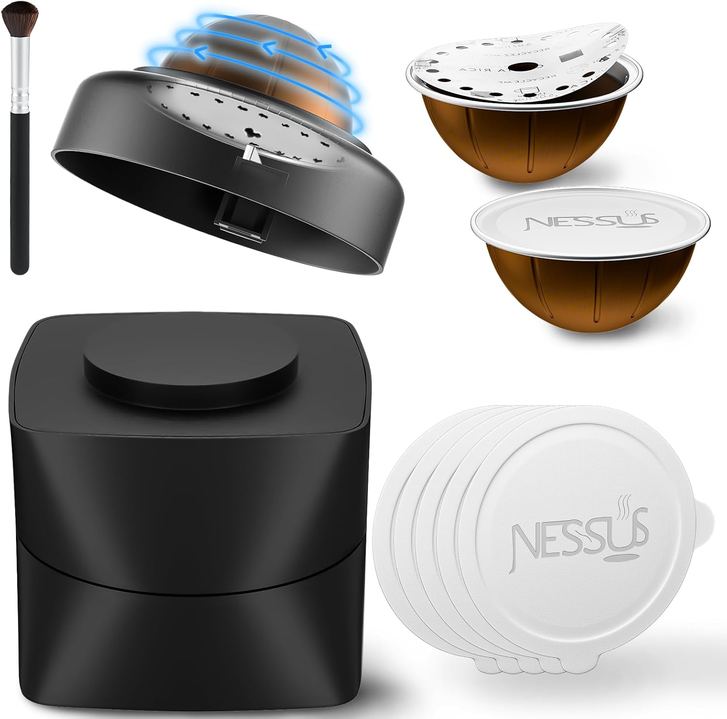 Detalle de NESSUS Refill Kit for Reusable Nespresso Vertuo Pods: Lid Easy Remover, 100 Aluminum Foil Lids, and Refill Accessories