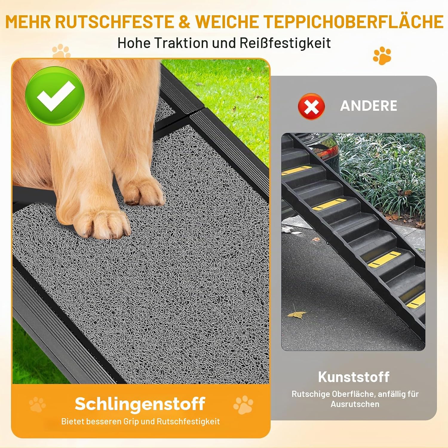 Detalle de Hunderampe Auto Klappbar aus Aluminium, bis 100 kg belastbar – 170 x 44 cm, rutschfeste Teppichoberfläche