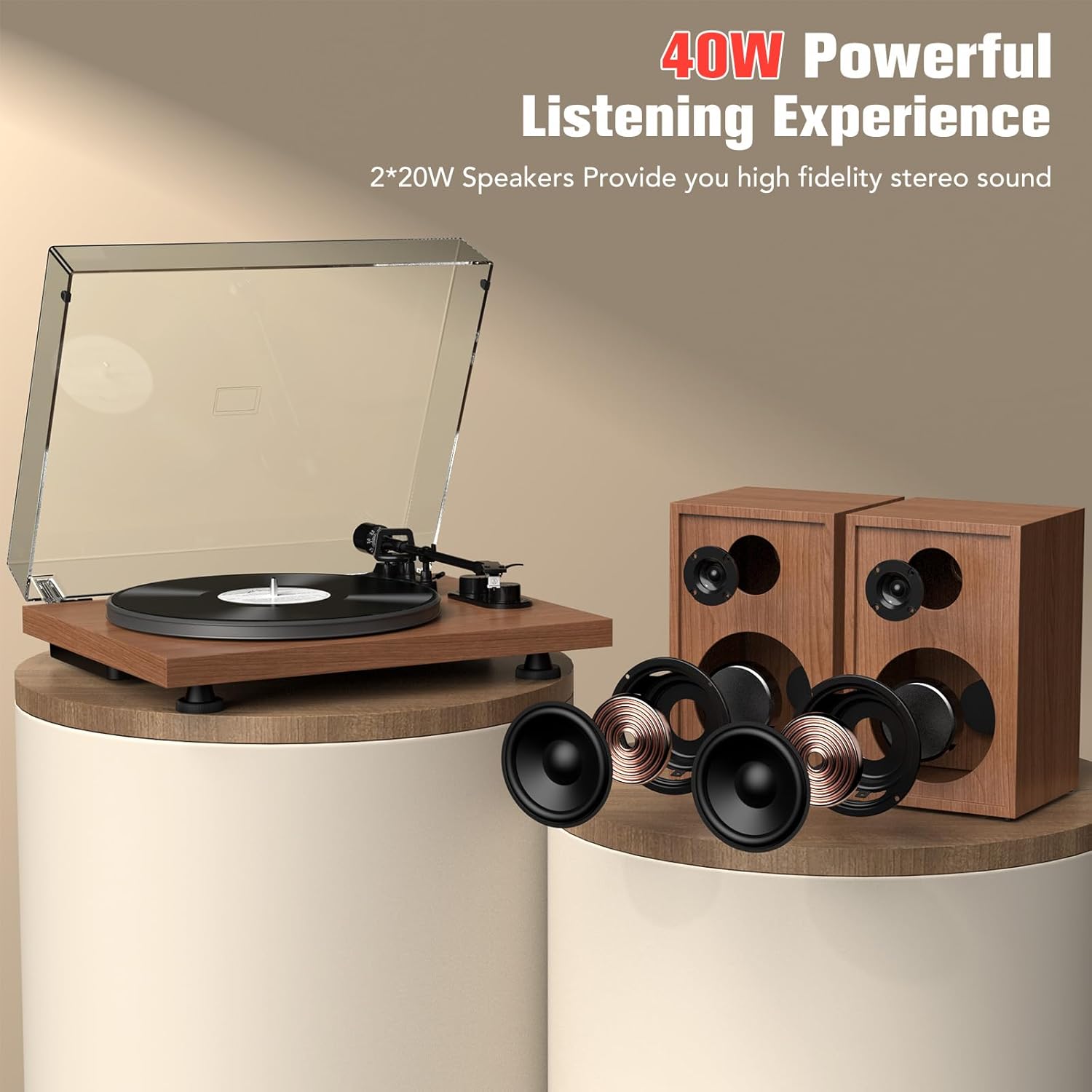 Thumbnail 1 de Udreamer Platine Vinyle Système Hi‑Fi avec Enceintes d'étagère 40 W — plateau aluminium, Bluetooth, 2 vitesses