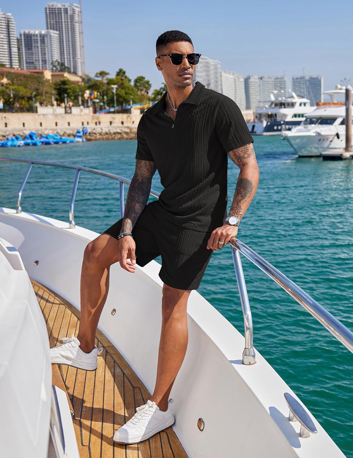 Detalle 2 de COOFANDY Men's 2-Pieces Tracksuit: Quarter Zip Polo Shirt + Shorts Set