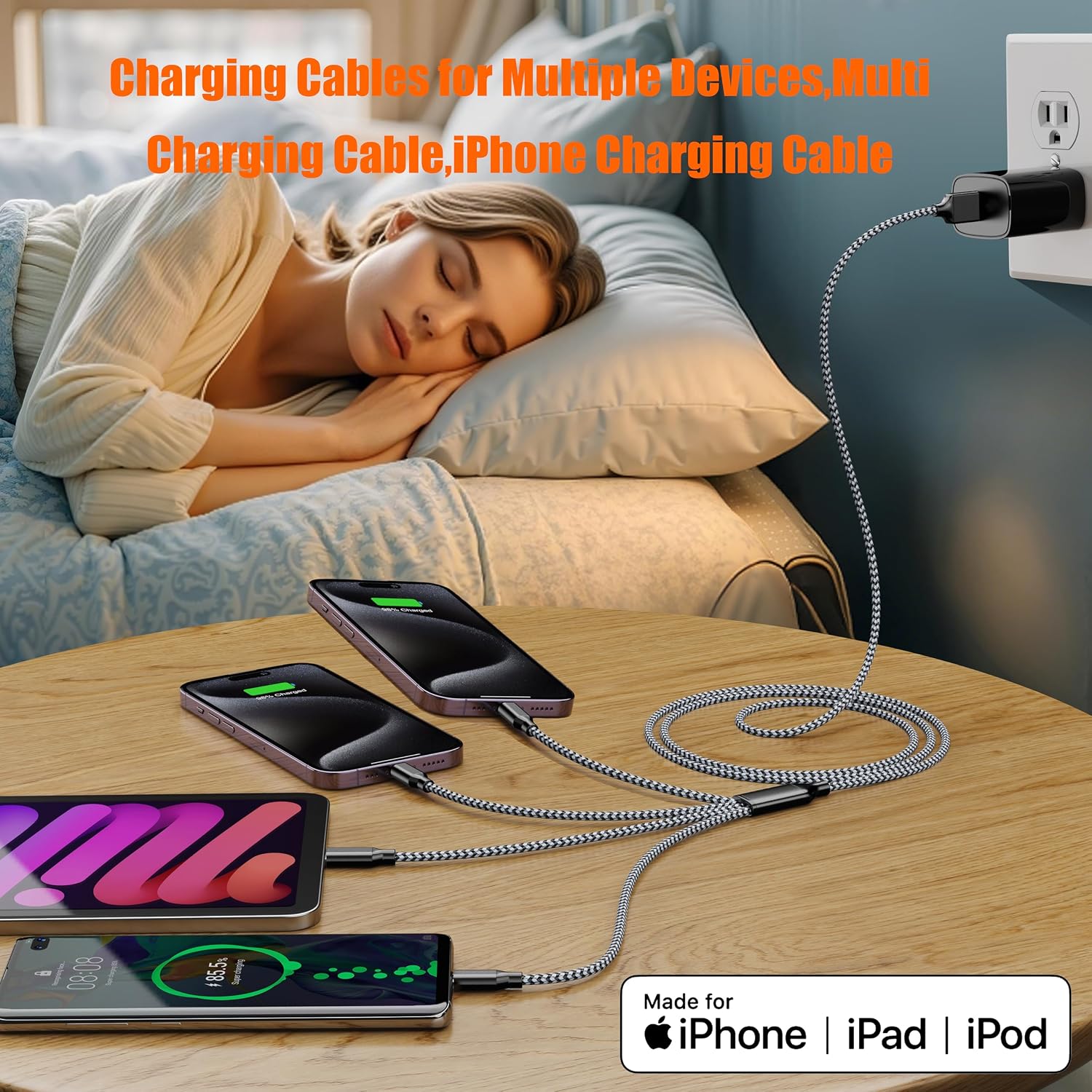 Detalle de Multi Charging Cable 4ft 2-Pack (MFi Certified) 4-in-1 USB-C, Lightning & Micro USB Nylon Braided Chargers