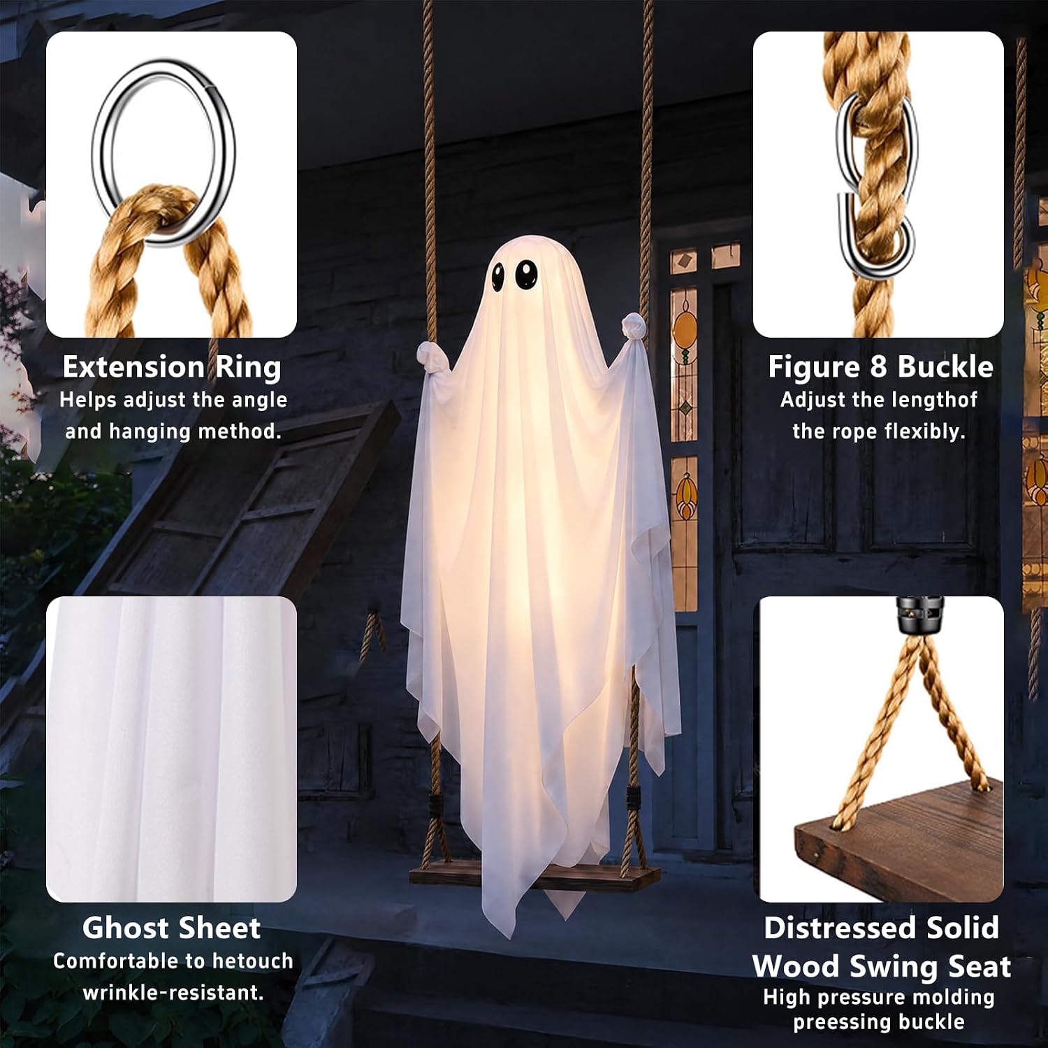 Detalle de Fopxuni Fopxuni-HAL-LSWG-001 5FT Swinging Ghost Decor with Warm White Lights