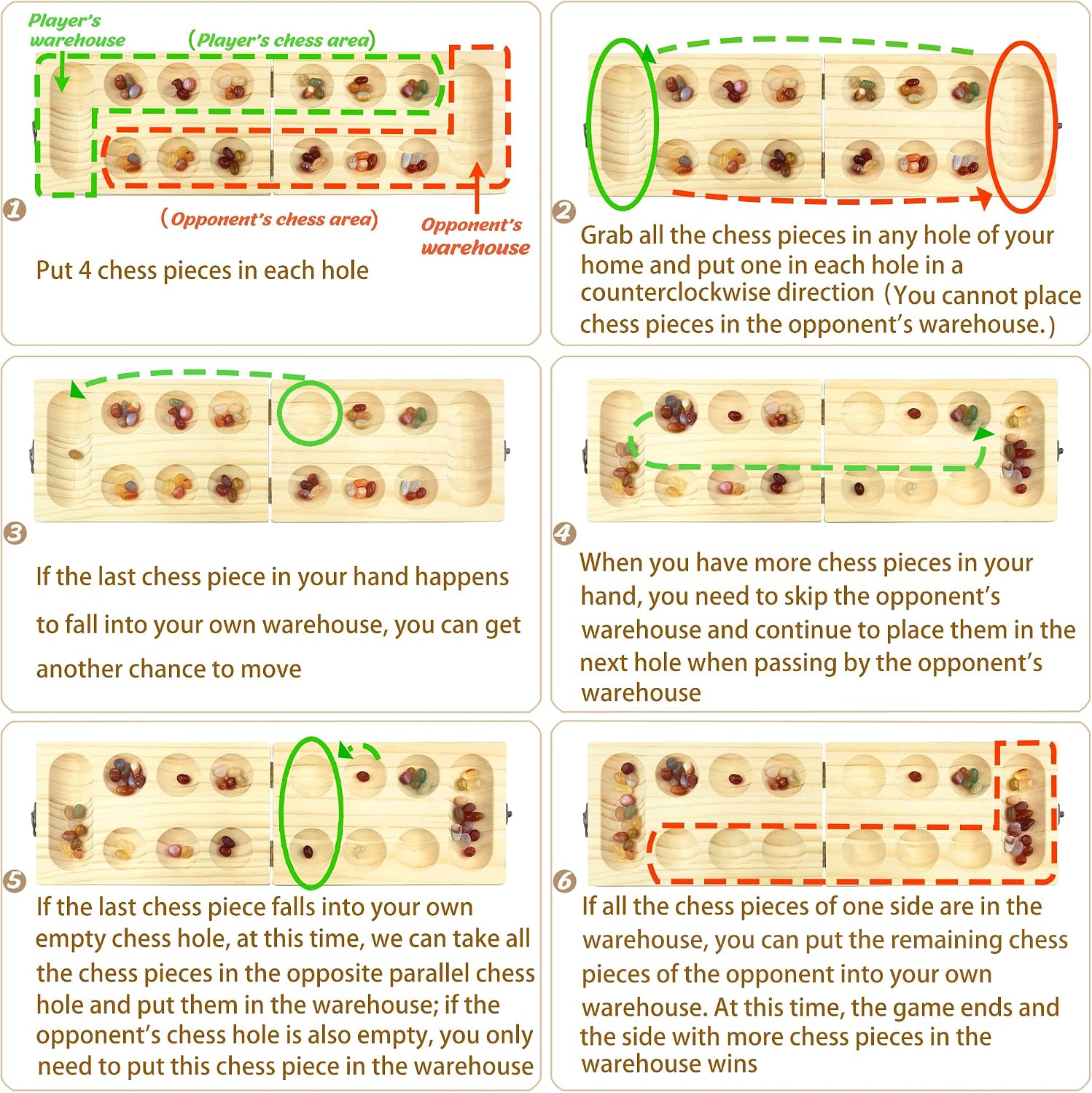 Detalle 2 de Mancala Steinchenspiel (Kalaha/Hus/Bao) aus verdicktem Naturholz mit bunten Steinen & Aufbewahrungsbeutel