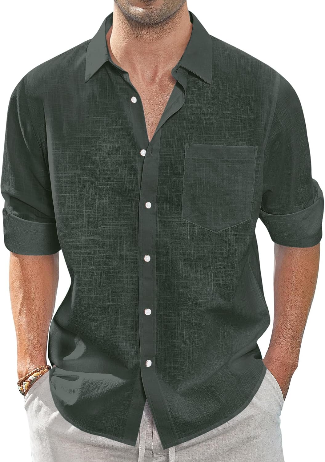 Thumbnail 1 de J.VER Men's Linen Shirts Casual Button Down Long Sleeve Shirt with Pocket