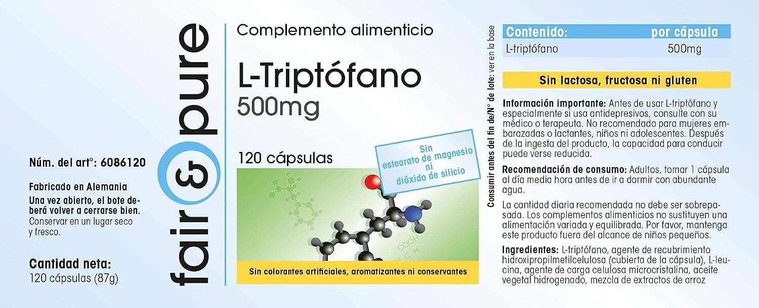 Detalle de Fair & Pure L-Tryptophan 500 mg — 120 Kapseln Hochdosiert, ohne Zusatzstoffe, in Deutschland hergestellt