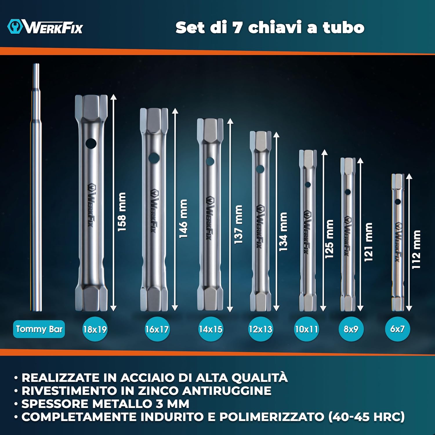 Thumbnail 1 de S&R WERKFIX Set 7 chiavi a tubo esagonali con barra di montaggio 6/7–18/19 mm