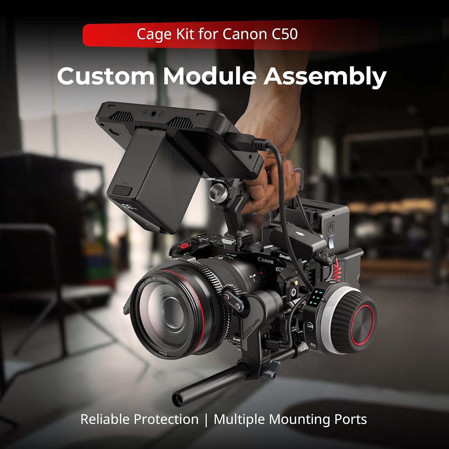 Detalle de SMALLRIG 5809 klatka do Canon C50 z uchwytem i płytką Arca