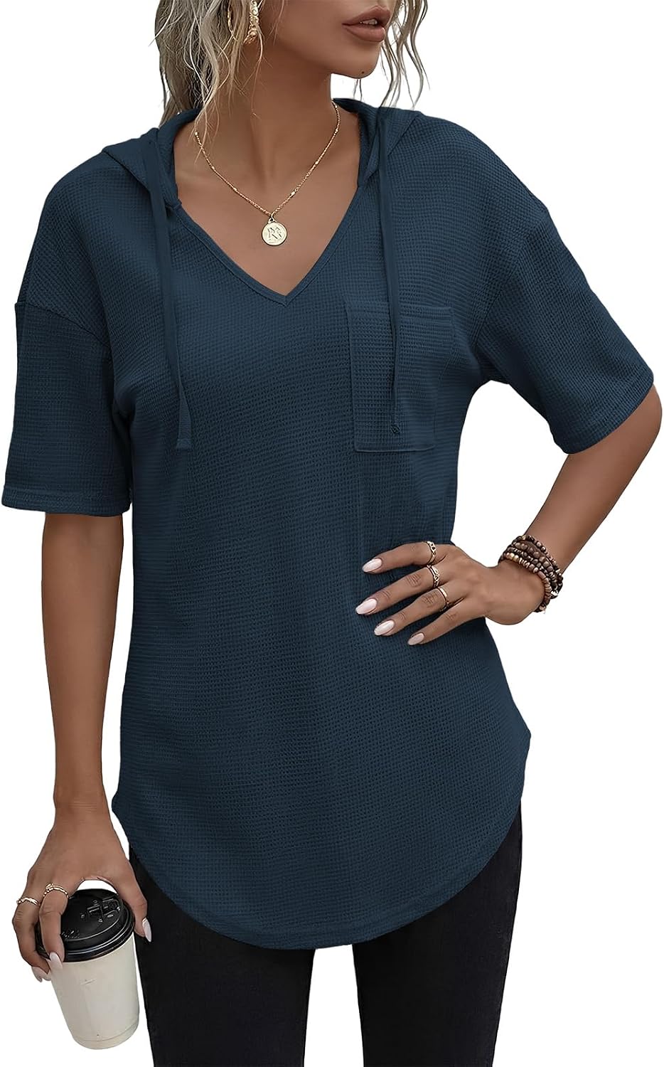 Detalle de Cuptacc Pullover Damen Hoodie mit V-Ausschnitt – Langarm Kapuzenpullover aus weichem Waffelstrick