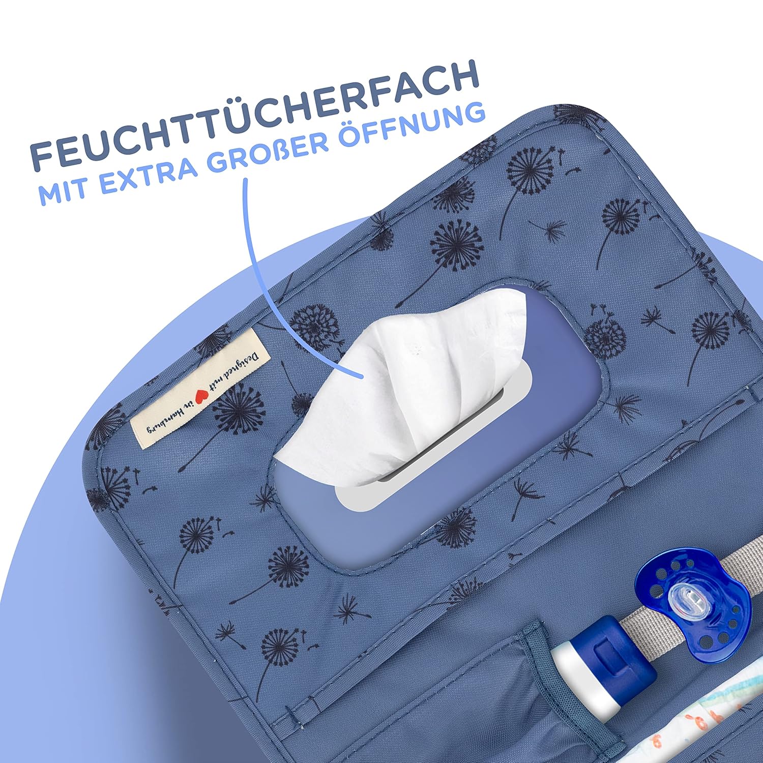 Detalle de Jubi Windeltasche mit Wickelunterlage für unterwegs – Blau mit Pusteblumen (Klettverschluss)