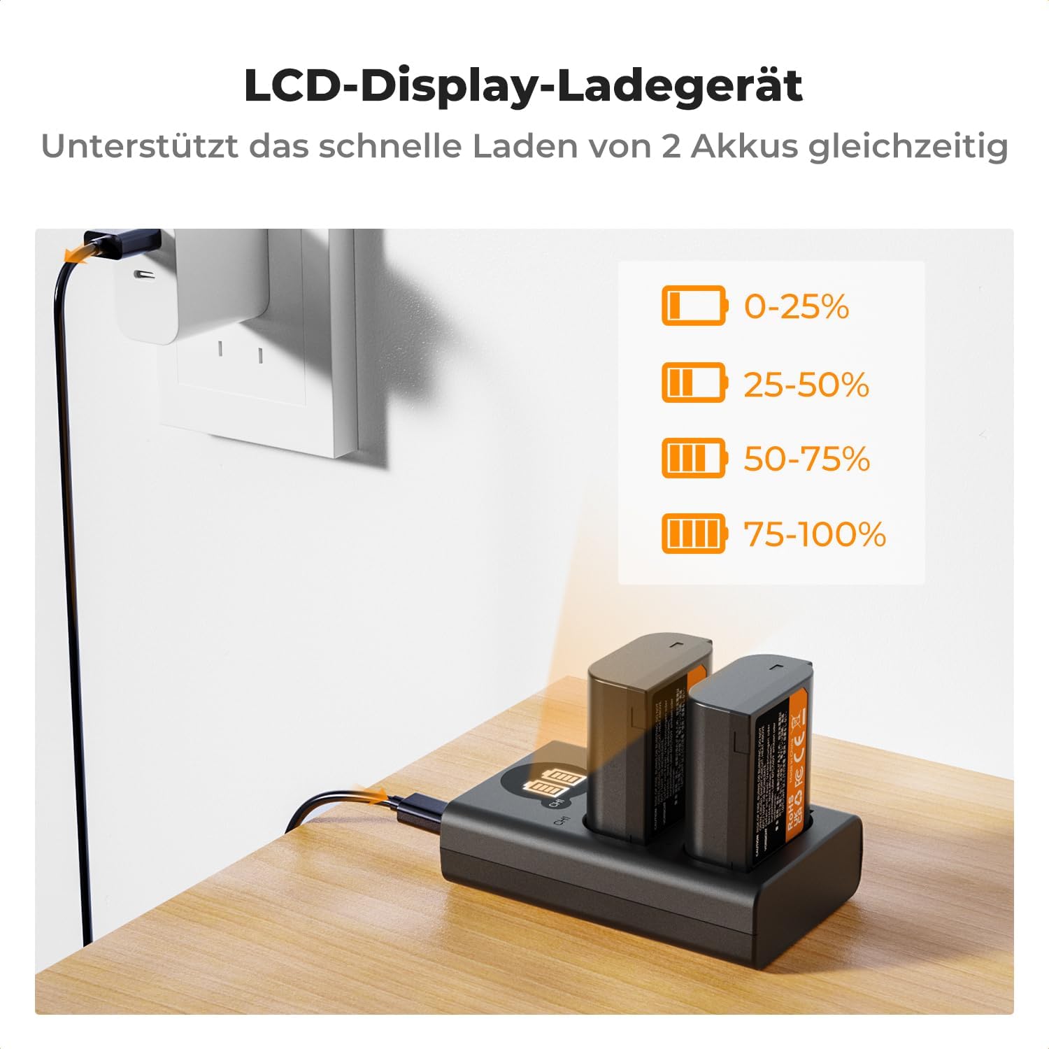 Detalle de K&F CONCEPT DMW-BLK22 Akku 2er-Pack (2400 mAh) + LCD Dual-Slot-Ladegerät für Panasonic Lumix