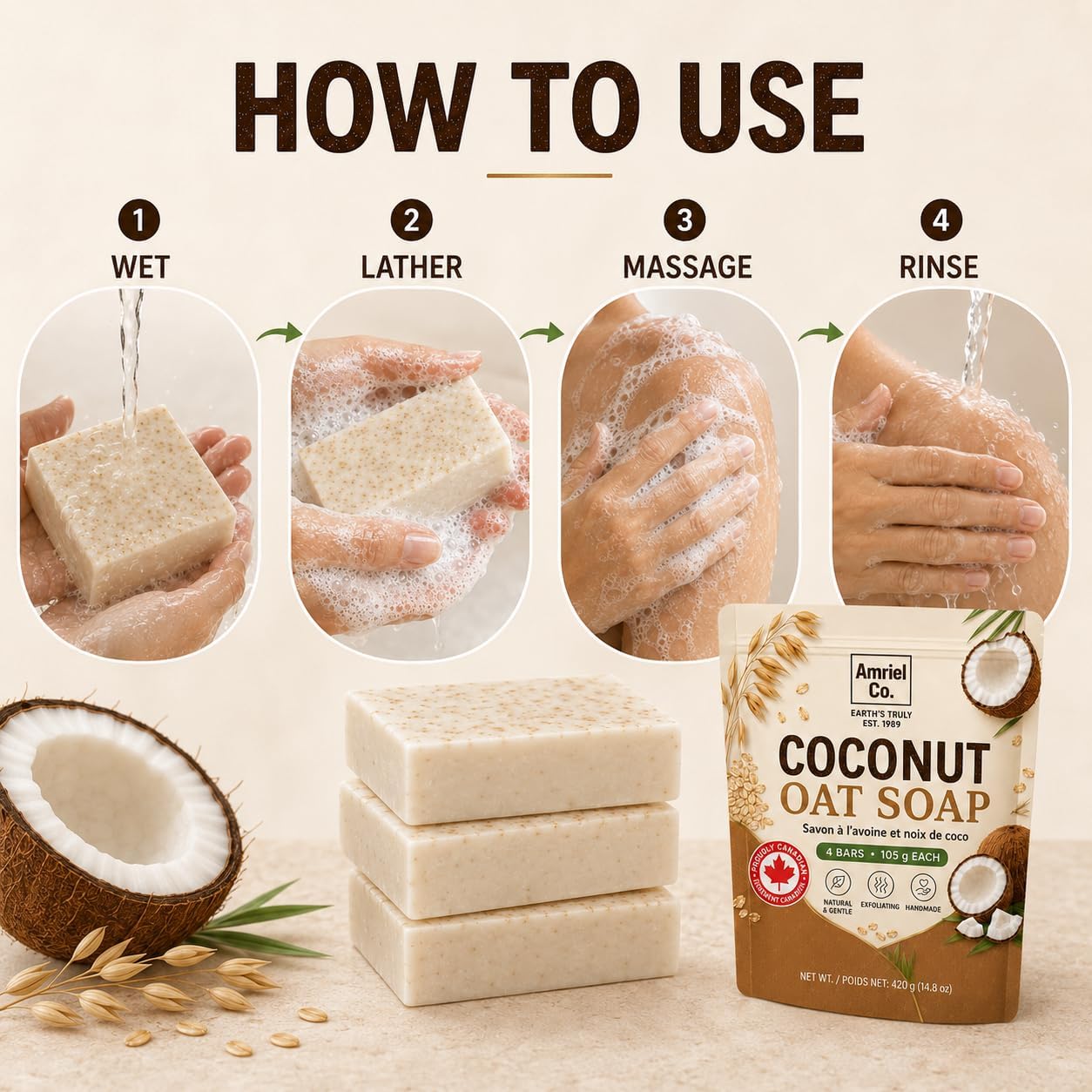 Thumbnail 6 de Amriel Co. Coconut Oat Soap Bars, 4-Pack with Coconut Oil & Glycerin
