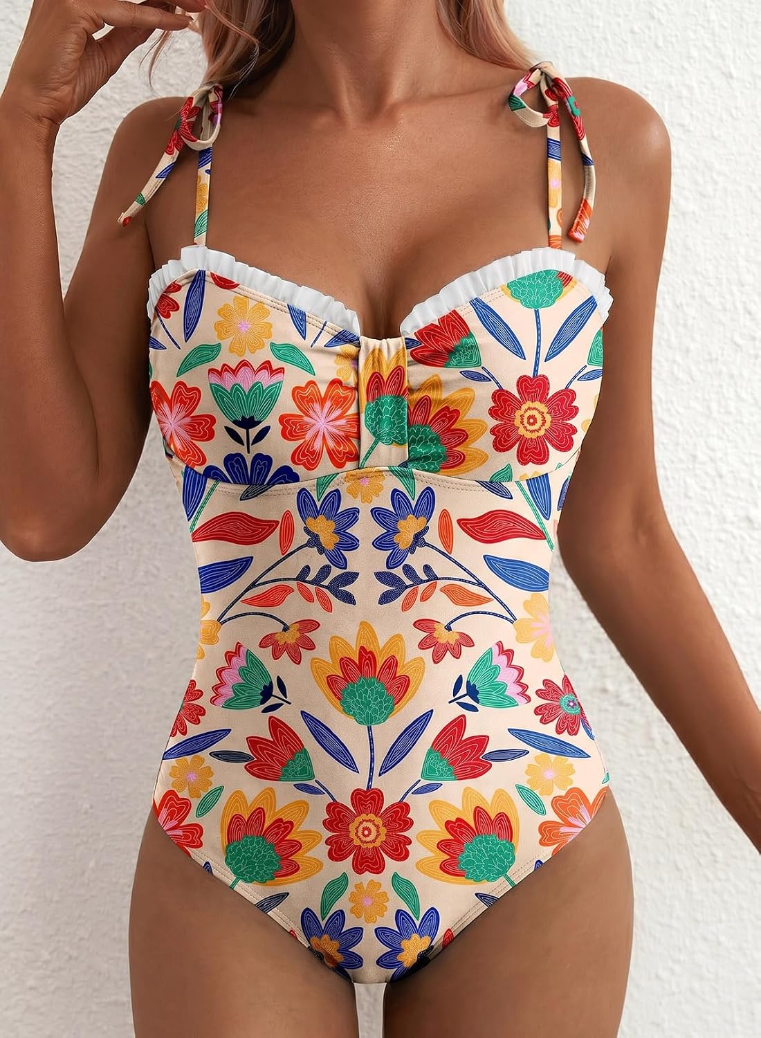 Detalle de Herseas Women's Striped One-Piece Swimsuit with Tie Shoulder and High Cut – 2026 Summer Beach Swimwear