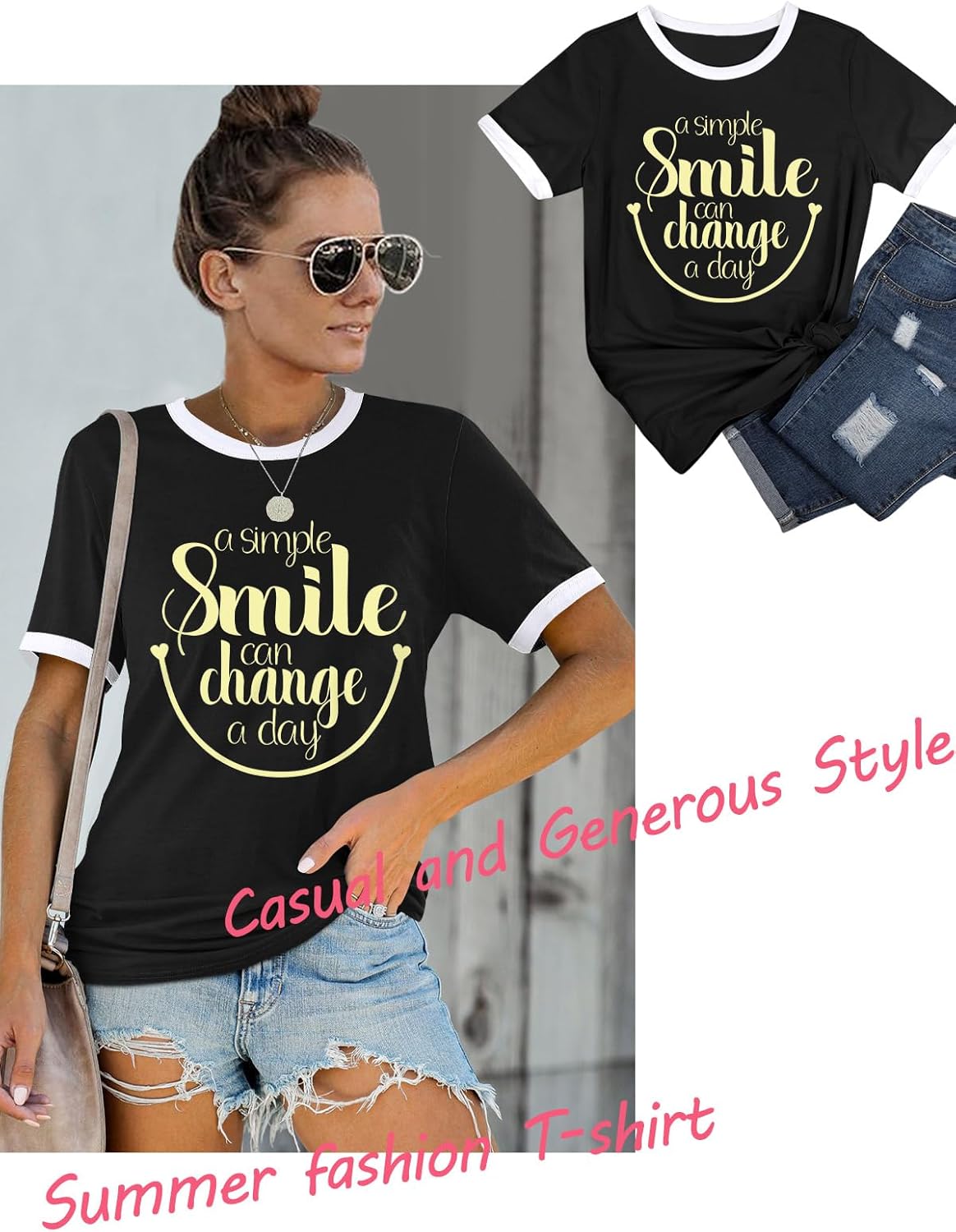 Thumbnail 3 de WIEIYM Women Round Neck Short Sleeve T-Shirt with Smile Graphic Print