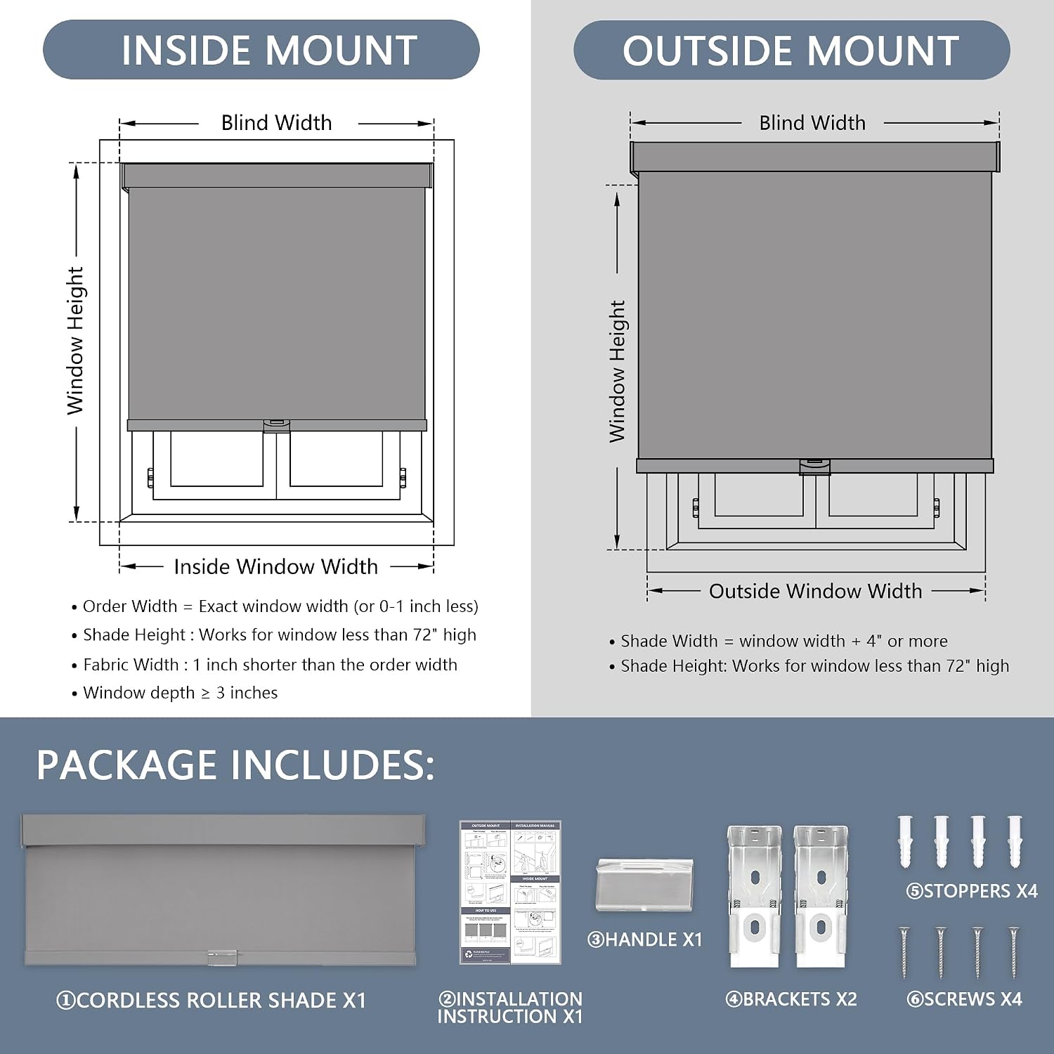Detalle 1 de AOSKY Cordless Blackout Roller Shade, 20" x 72", Grey with Free-Stop Control
