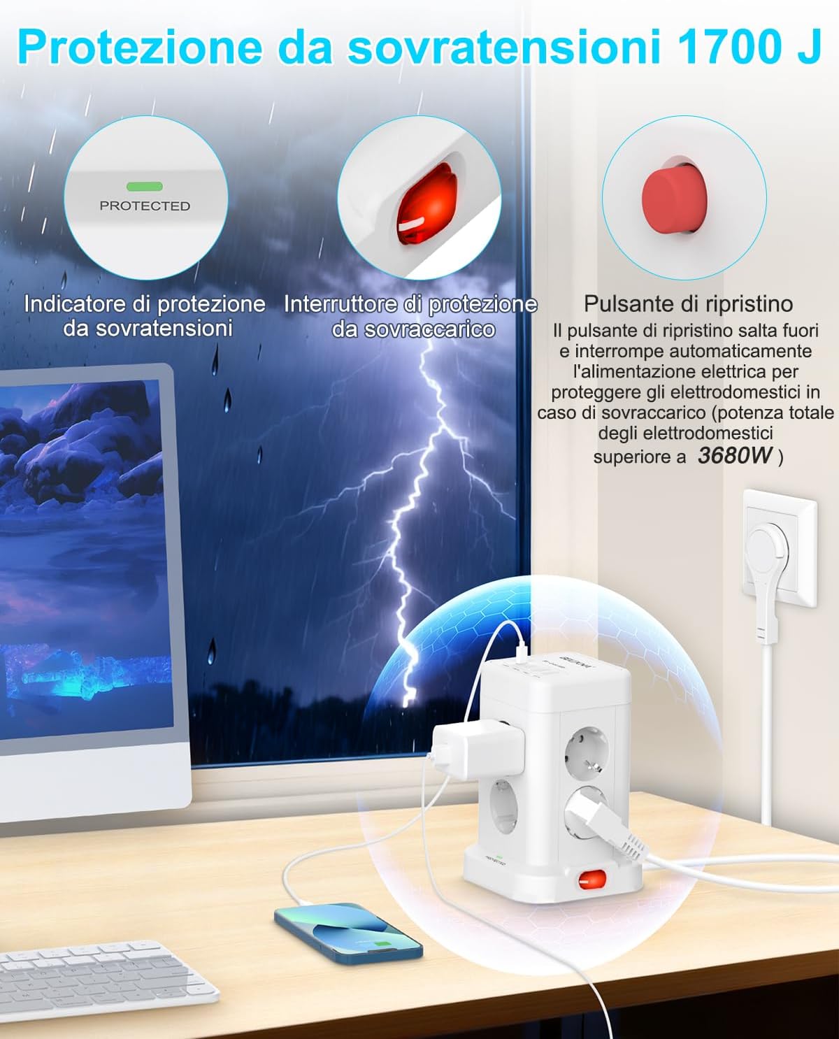 Thumbnail 3 de Ciabatta multipresa a spina piatta con 8 prese e 4 USB (2 USB-C + 2 USB-A) con protezione da sovratensioni e cavo da 2 metri