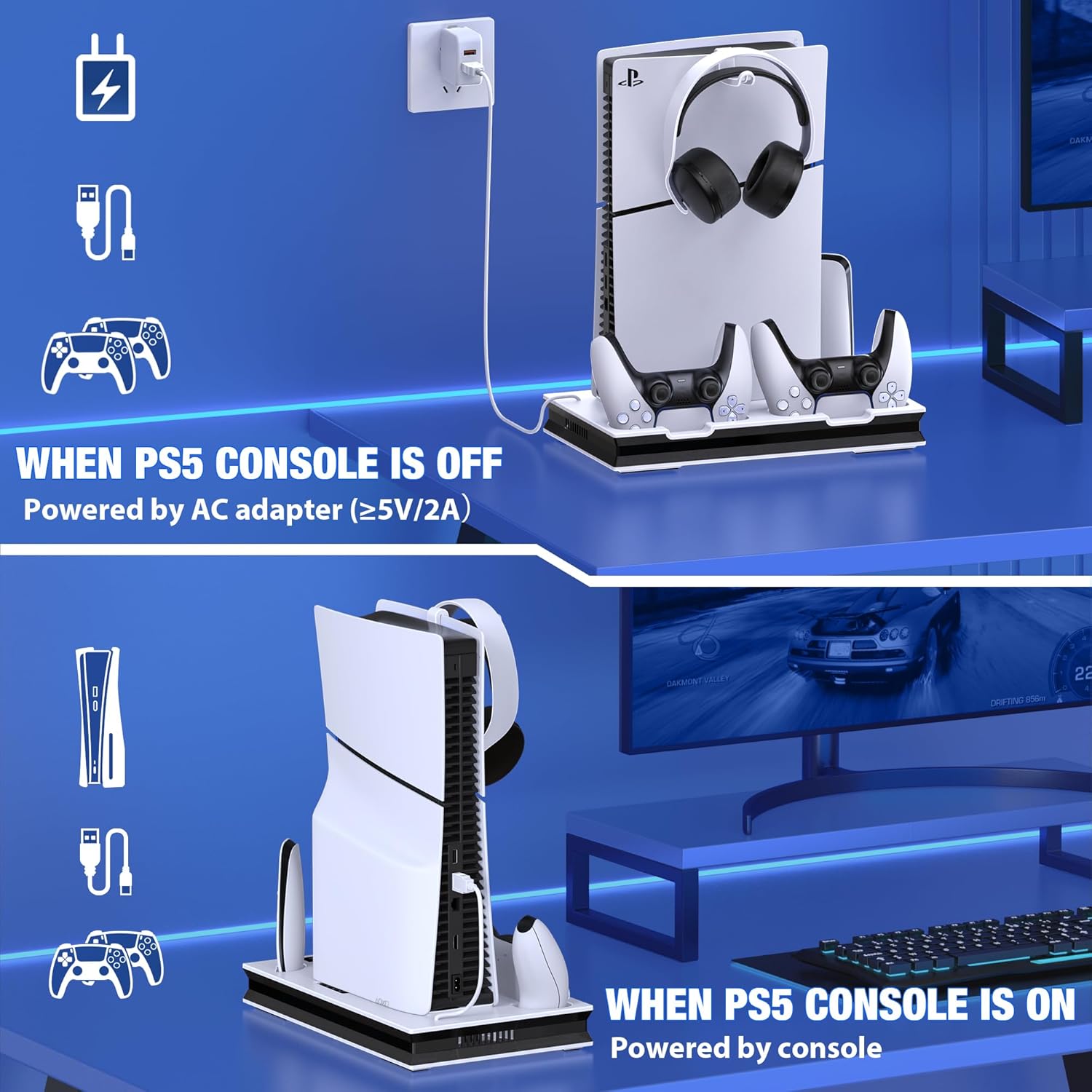 Thumbnail 6 de GAMSINGY PS5 Ständer mit Lüfter und 3-fach USB-Hub für PS5, Slim (nicht kompatibel) und weiteres Zubehör