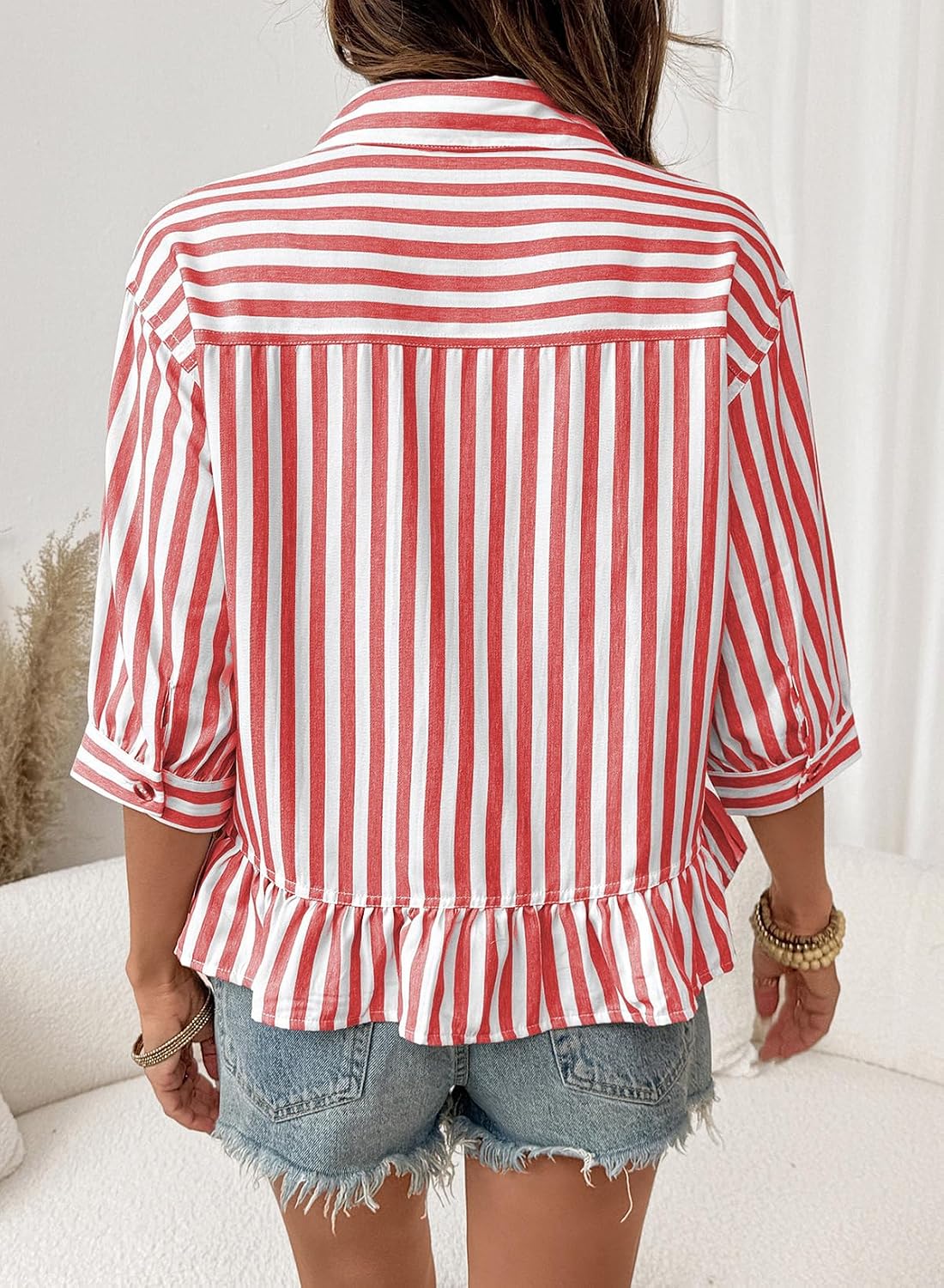Detalle 2 de Dokotoo Cropped Button-Down Striped Shirt with 3/4 Sleeves