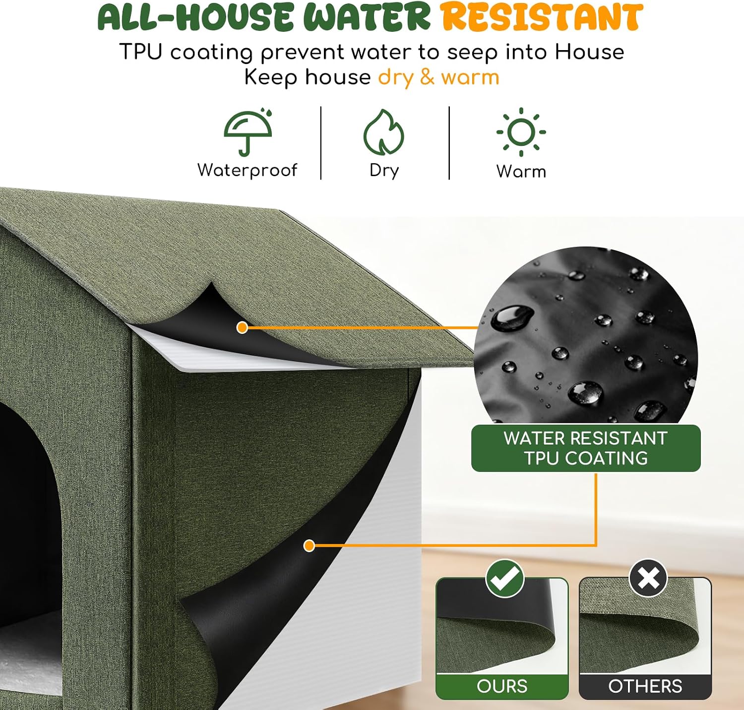 Detalle 2 de Fecuria outdoorcathouse Insulated Outdoor Cat House, Green, Waterproof Oxford Fabric