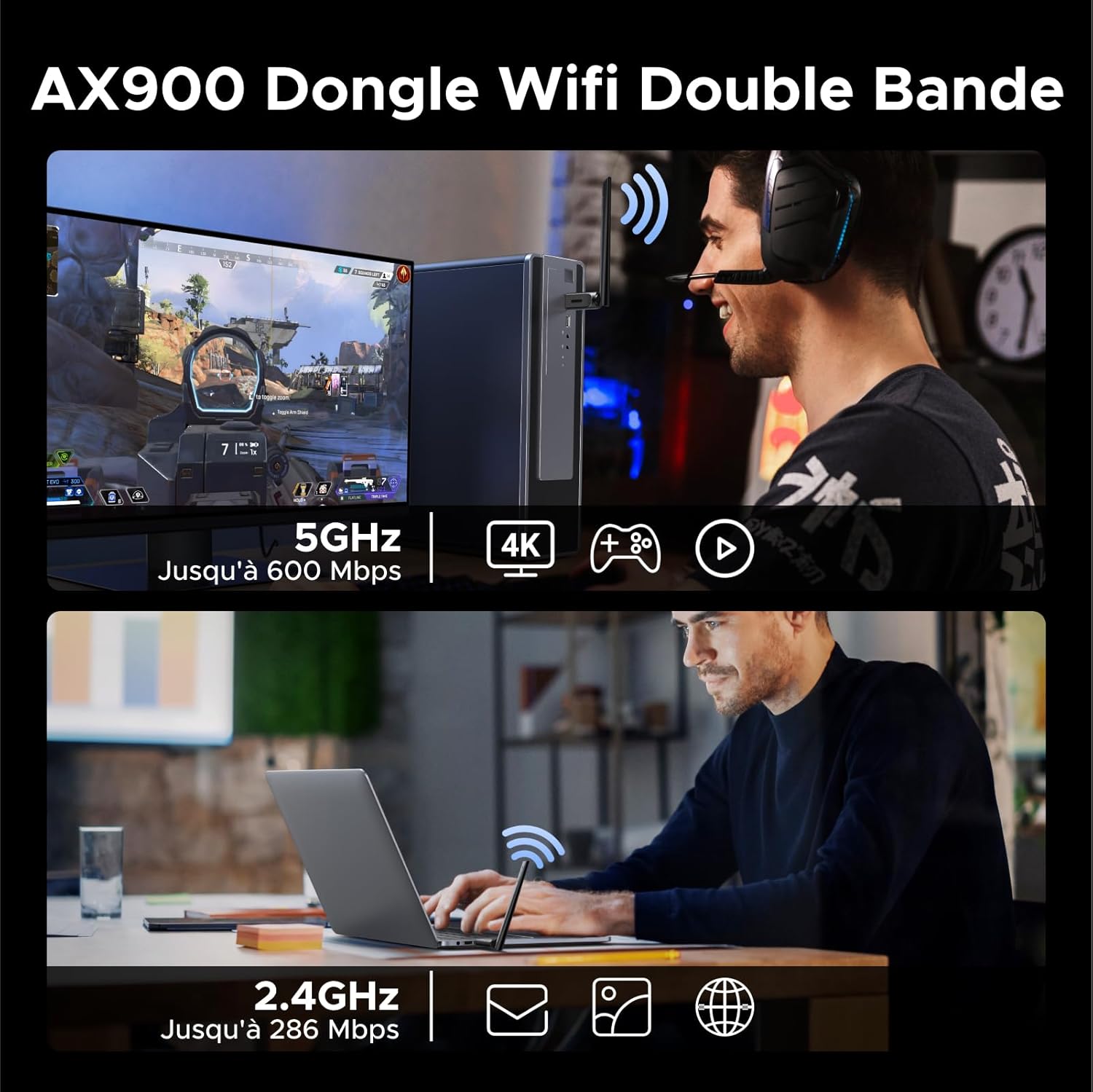Thumbnail 2 de UGREEN Clé WiFi 6 AX900 Bluetooth 5.4 (adaptateur USB dual band 2,4/5 GHz avec antenne 6 dBi) pour Windows 11/10