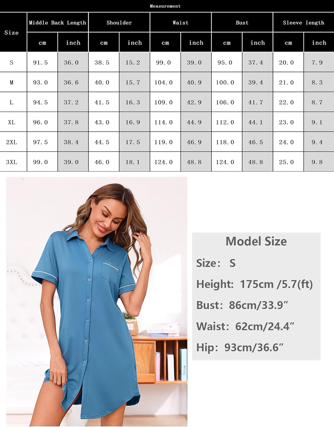 Thumbnail 5 de Bresdk Chemise de nuit femme manches courtes boutonnée à col en V – loungewear été