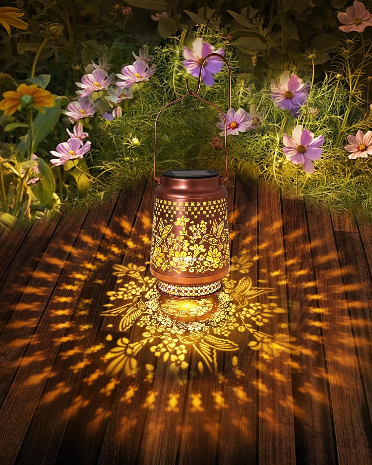 Detalle de Mothers Day & Birthday Gifts solar hummingbird lantern for outdoor gardens (17 x 11.5 cm) — IP65 hanging metal light