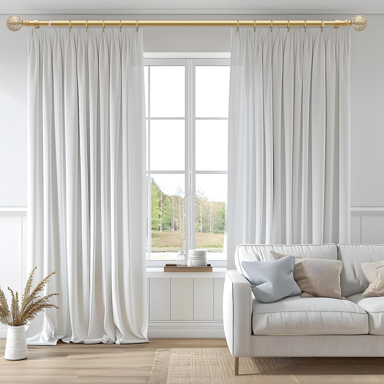 Detalle 2 de QDWIS CA-QD-01-GD-36-120 Boho Gold Curtain Rod, 66–120 in, Leaf Finials