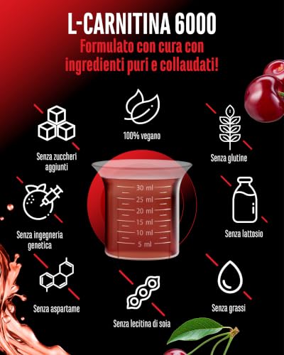 Detalle de L-Carnitina 6000 Liquid 1000 ml di GEN German Elite Nutrition – Cherry Madness, vegano e ad alto dosaggio