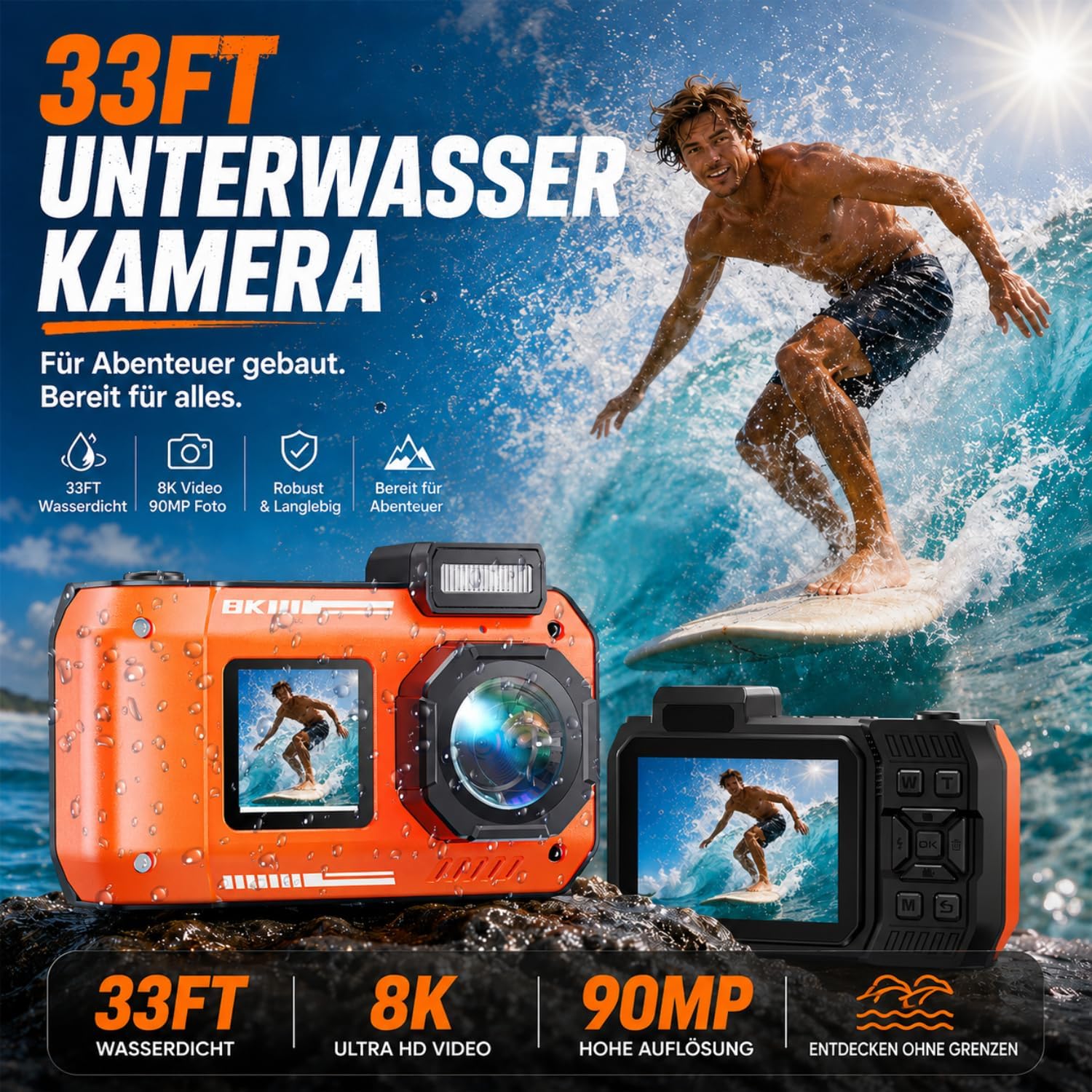 Detalle de Maxmango D50 8K Unterwasserkamera – 33FT Tiefenfest, 70MP, Doppelbildschirm, 2500mAh, 18x Zoom, 16GB inkl. orange
