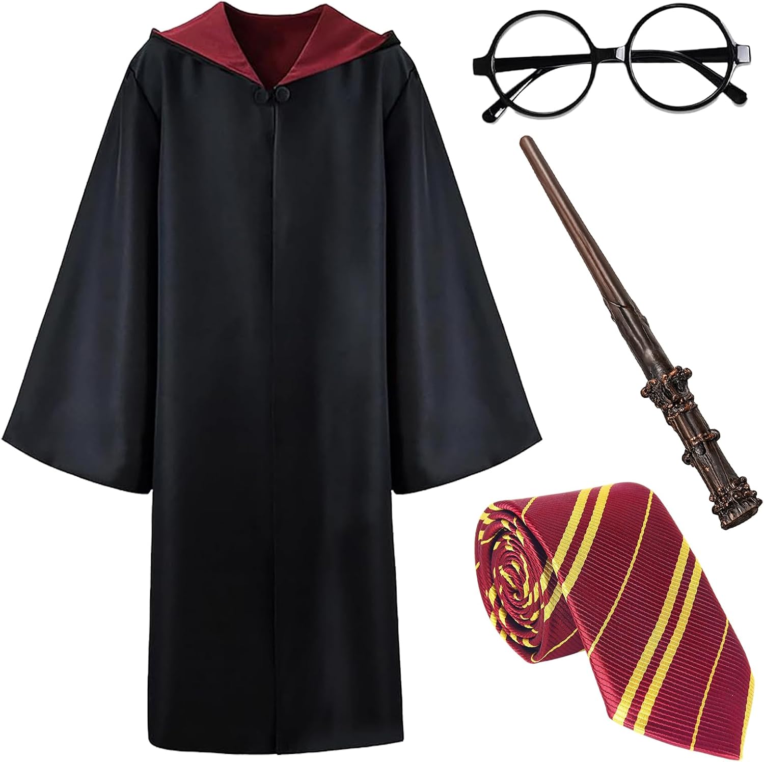 CVJJZ 4-Piece Wizard Costume Set with Black Robe, Wand, Glasses and Tie