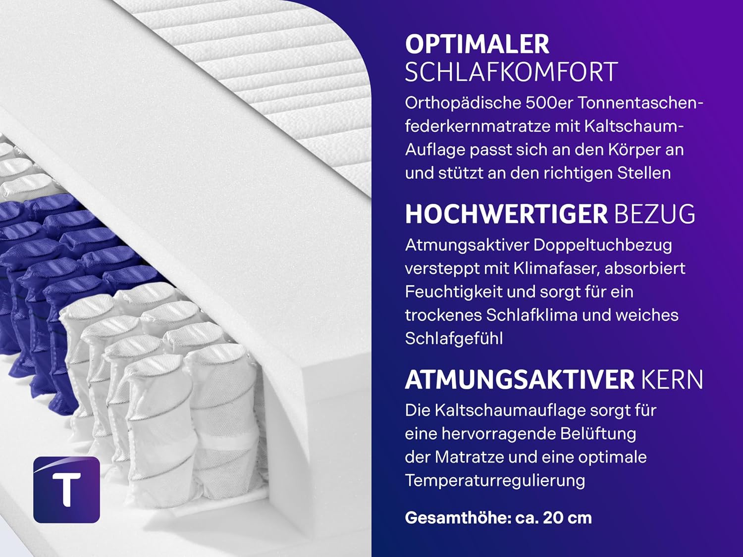 Detalle 2 de Traumnacht Premium 7‑Zonen 500er Tonnentaschenfederkernmatratze 140x200