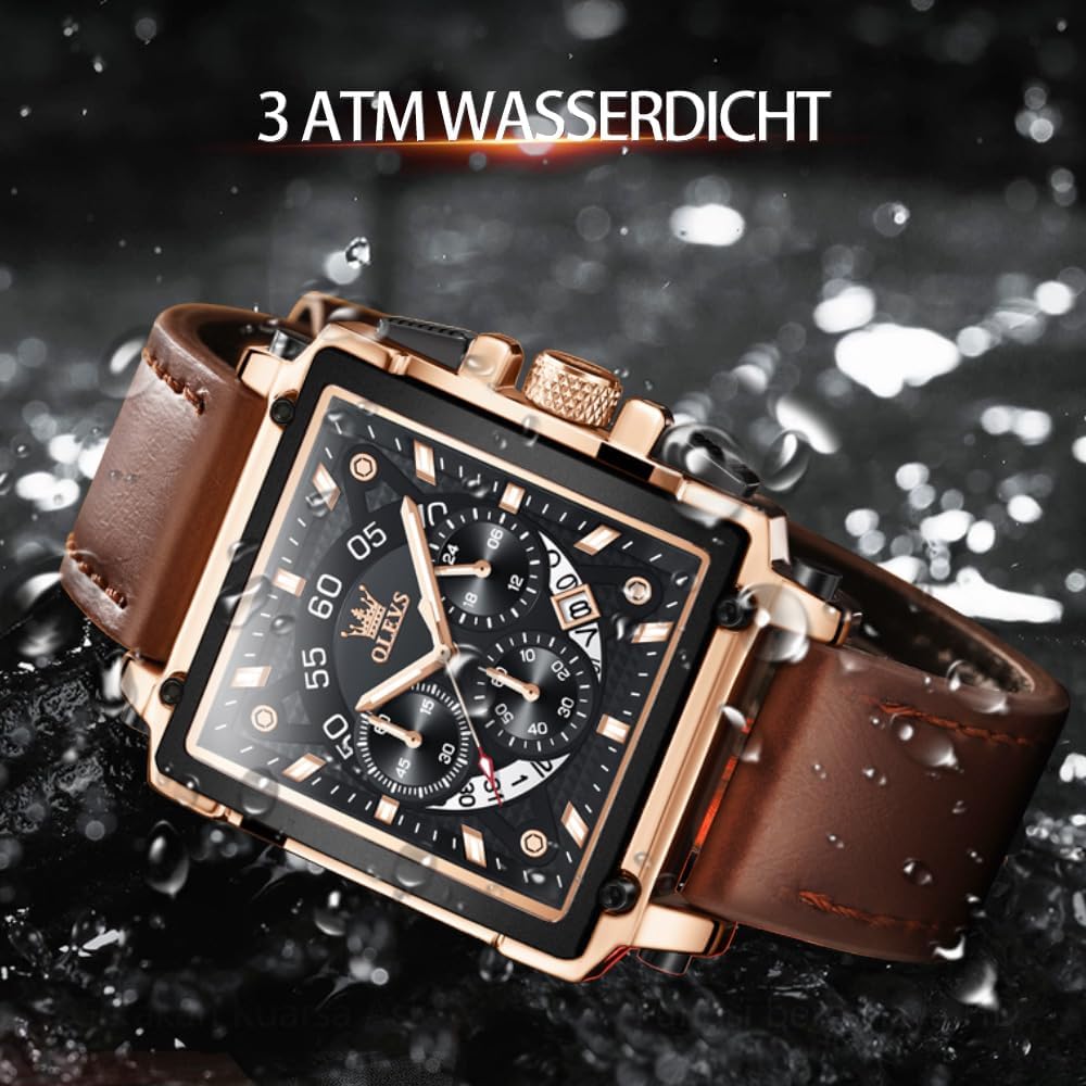 Detalle de OLEVS Herrenuhr mit Lederarmband und Chronograph – japanisches Quarzwerk, Datum, 42×45 mm