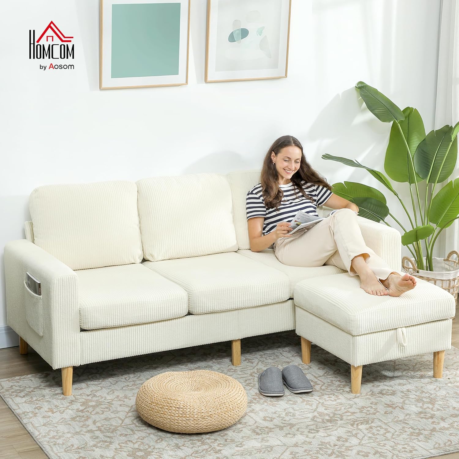 Thumbnail 1 de HOMCOM Canapé 3 places en velours côtelé beige avec repose-pieds et rangement
