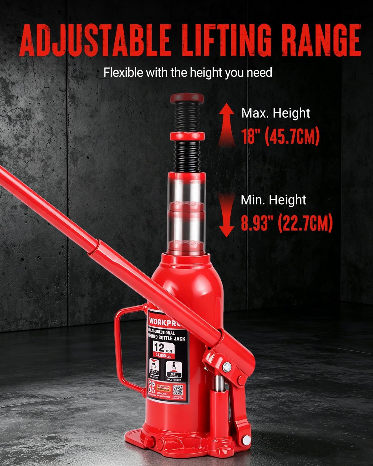 Detalle de WORKPRO W114189AE 12-Ton Multi-Directional Welded Steel Bottle Jack