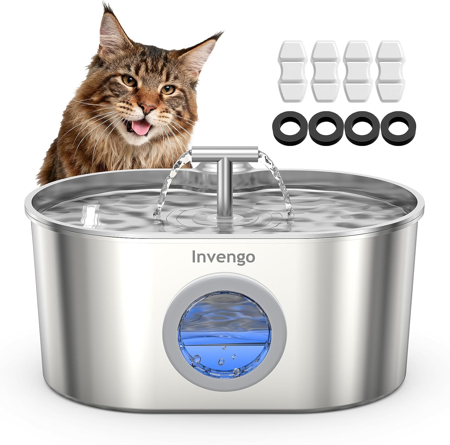Detalle de Invengo Cat Water Fountain (2.2L) for Drinking with Ultra-Quiet Pump, 304 Stainless Steel & 4 Replacement Filters