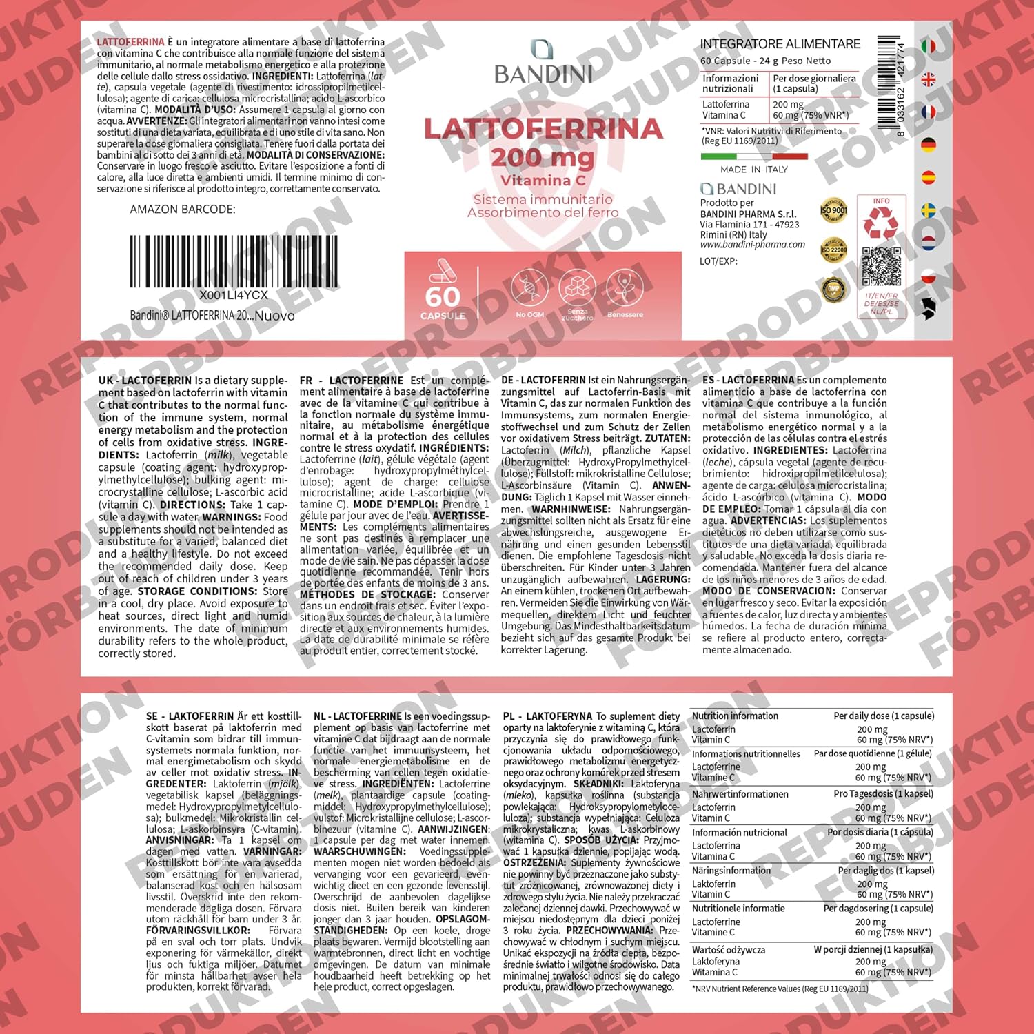Detalle de BANDINI Lactoferrin 200, 60 kapslar med 200 mg laktoferrin och C-vitamin